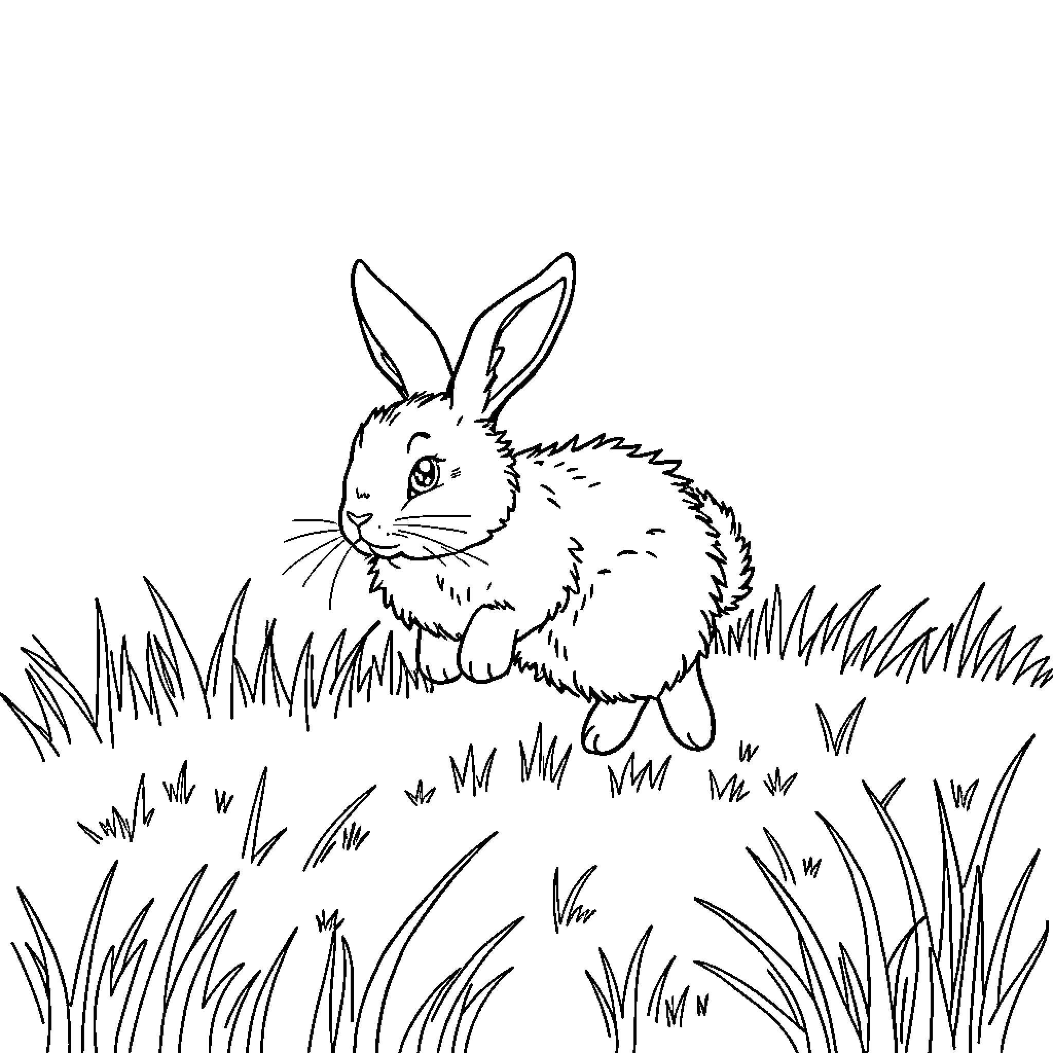 Bunny resting in the grassy field Coloring Page (free black-and-white line drawing printable PDF for all, from beginners to advanced learners, including children, teens, adults, and seniors)