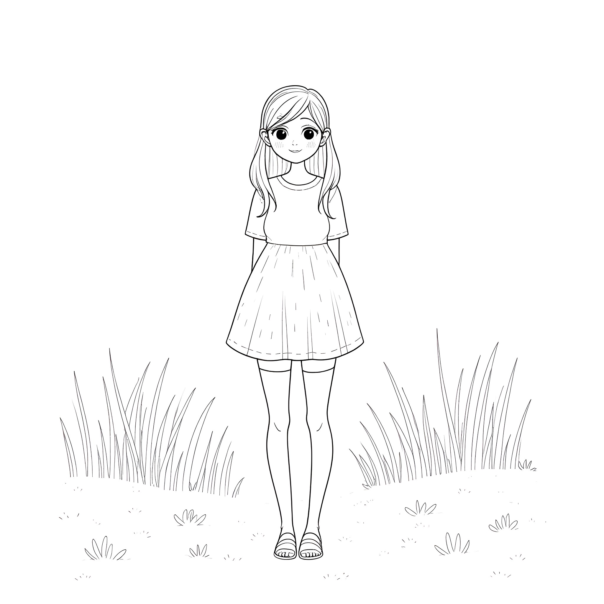 Girl standing in a grassy field Coloring Page (free black-and-white line drawing printable PDF for all, from beginners to advanced learners, including children, teens, adults, and seniors)