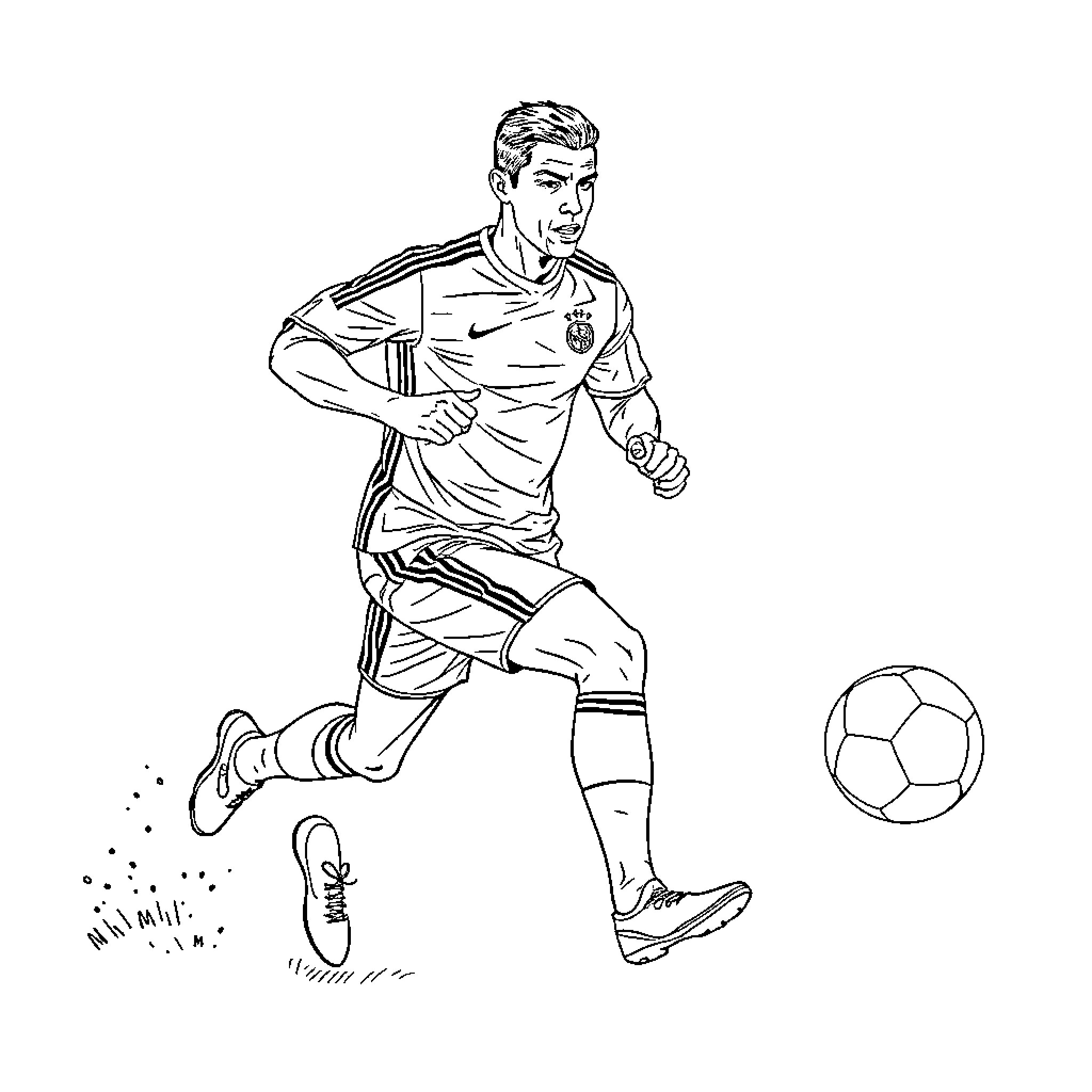 Ronaldo kicking the ball on the field Coloring Page (free black-and-white line drawing printable PDF for all, from beginners to advanced learners, including children, teens, adults, and seniors)