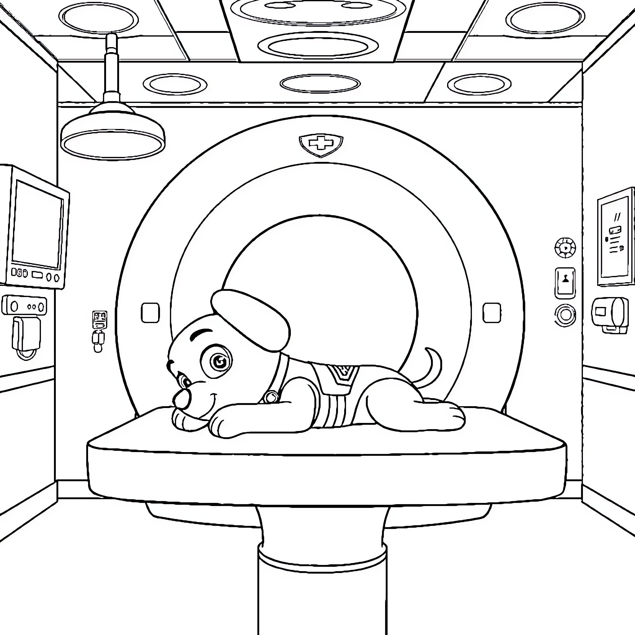 Paw Patrol character undergoing medical scan Coloring Page (free black-and-white line drawing printable PDF for all, from beginners to advanced learners, including children, teens, adults, and seniors)