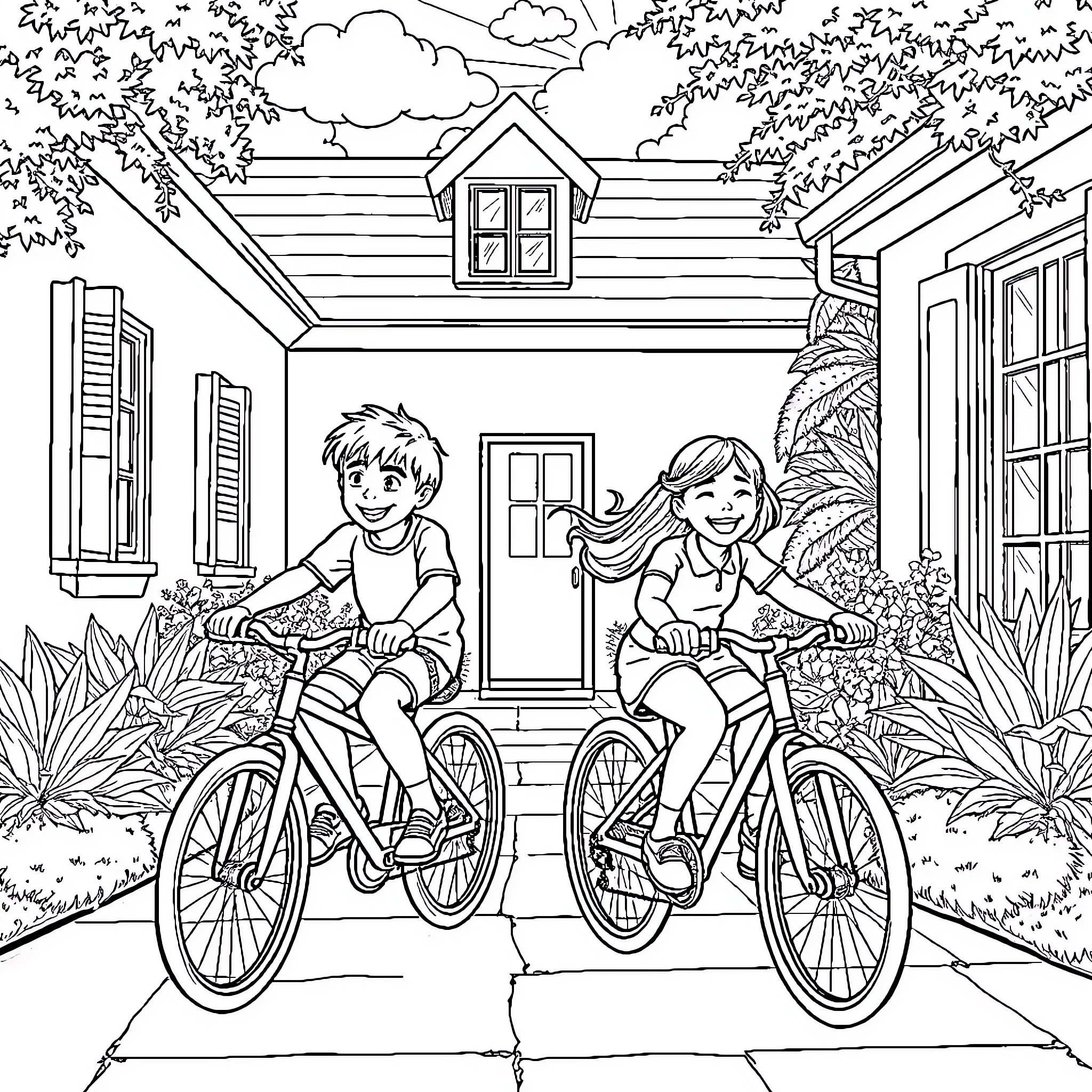 Bicycle ride in the countryside Coloring Page (free black-and-white line drawing printable PDF for all, from beginners to advanced learners, including children, teens, adults, and seniors)