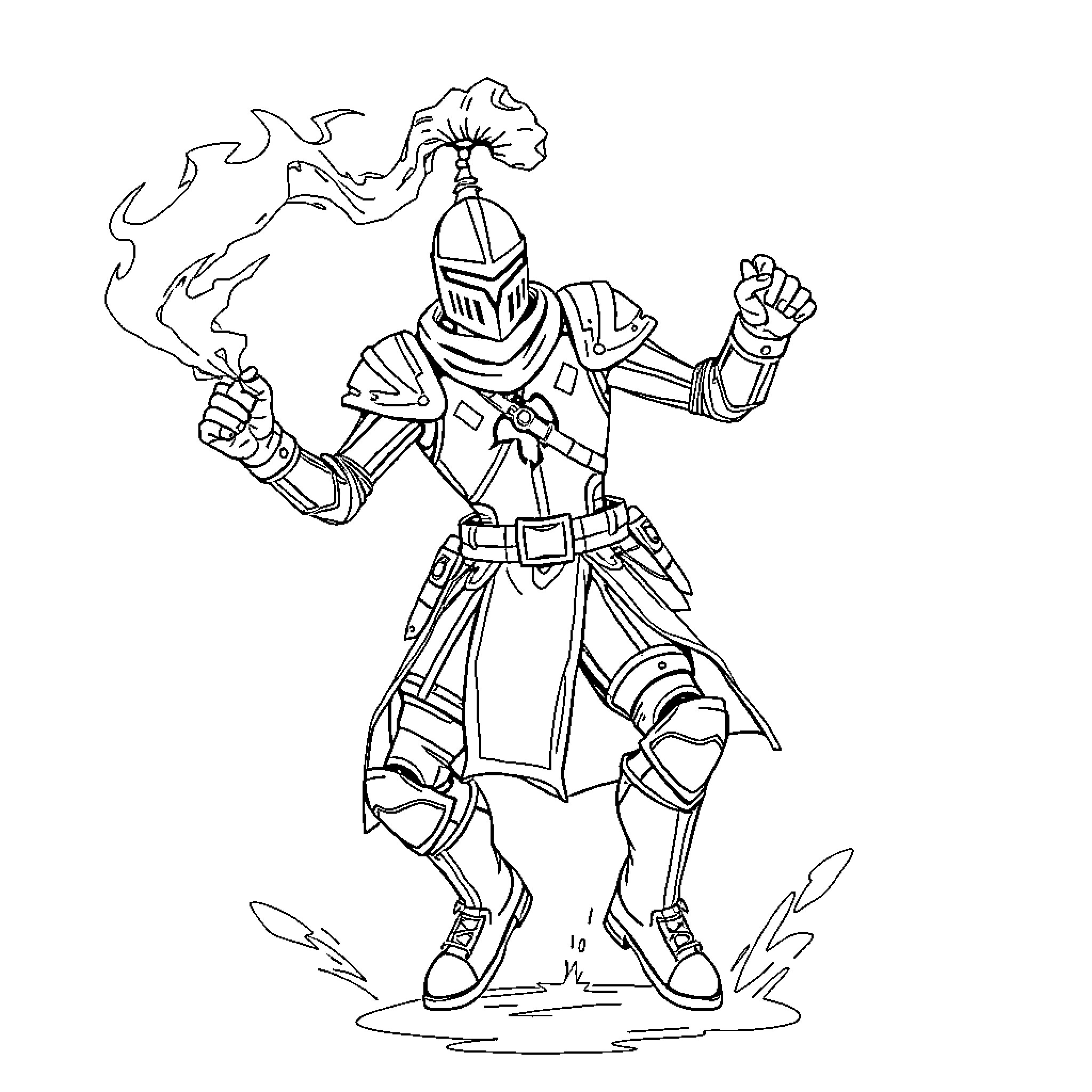 Knight in Heroic Pose with Fiery Weapon Coloring Page (free black-and-white line drawing printable PDF for all, from beginners to advanced learners, including children, teens, adults, and seniors)