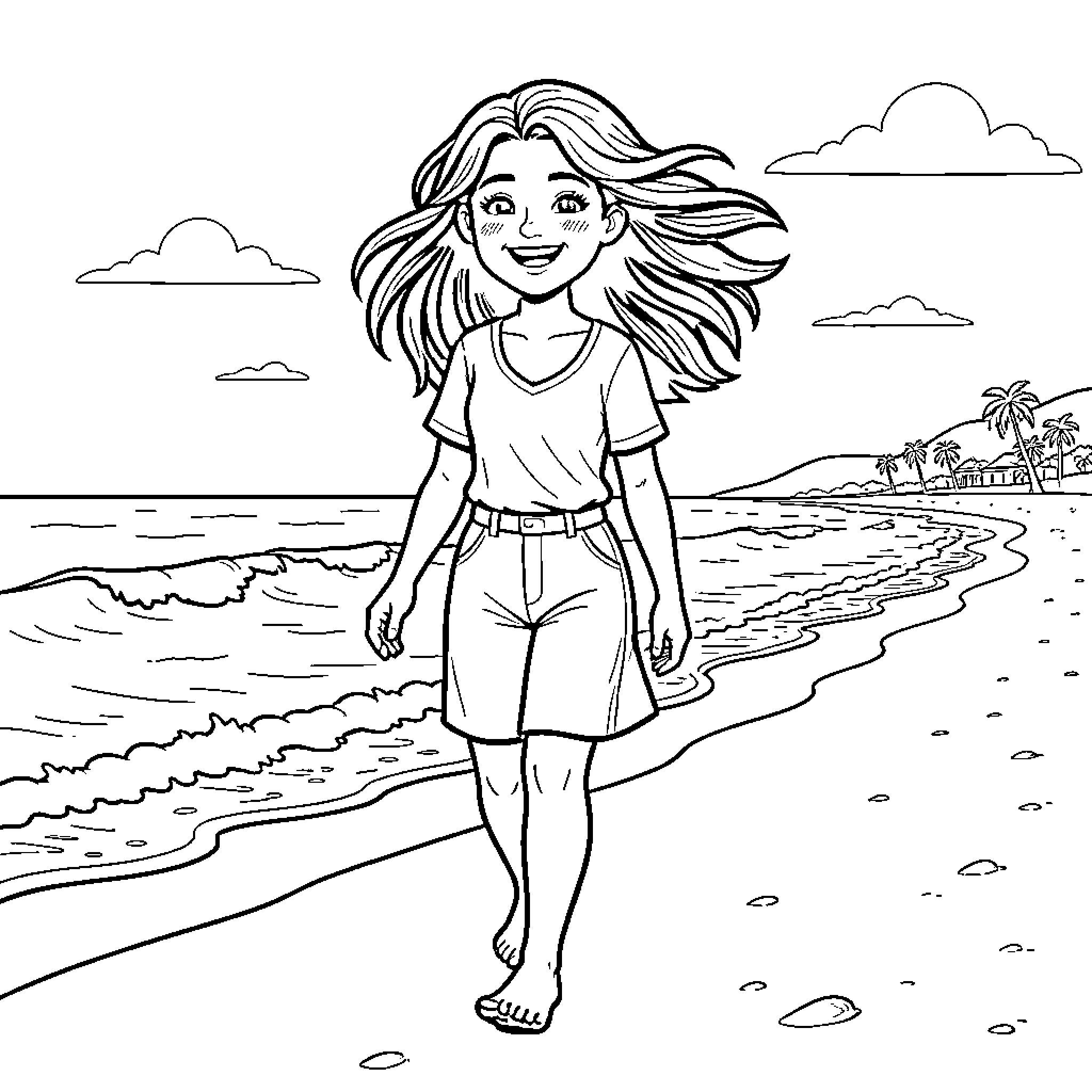 Feminista's Beachside Adventure Coloring Page (free black-and-white line drawing printable PDF for all, from beginners to advanced learners, including children, teens, adults, and seniors)