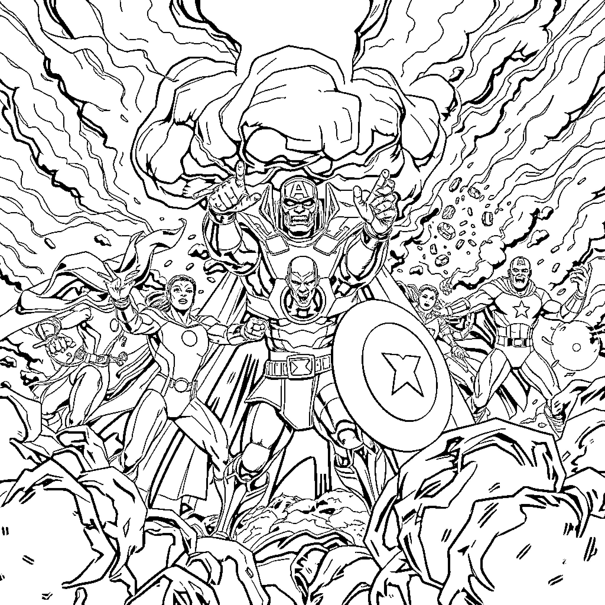 Avengers assembling to battle a powerful foe Coloring Page (free black-and-white line drawing printable PDF for all, from beginners to advanced learners, including children, teens, adults, and seniors)