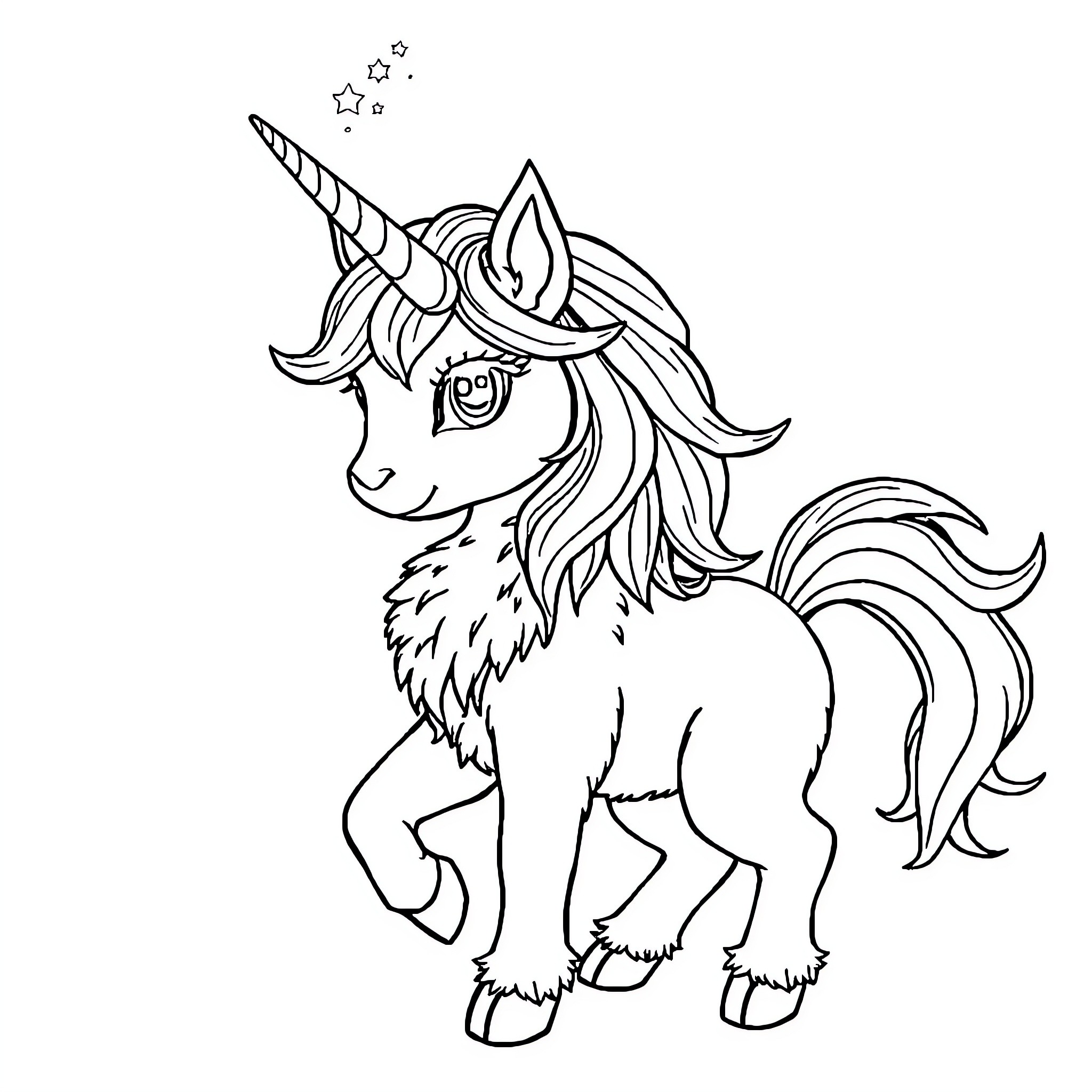 Unicat playing amongst the stars Coloring Page (free black-and-white line drawing printable PDF for all, from beginners to advanced learners, including children, teens, adults, and seniors)