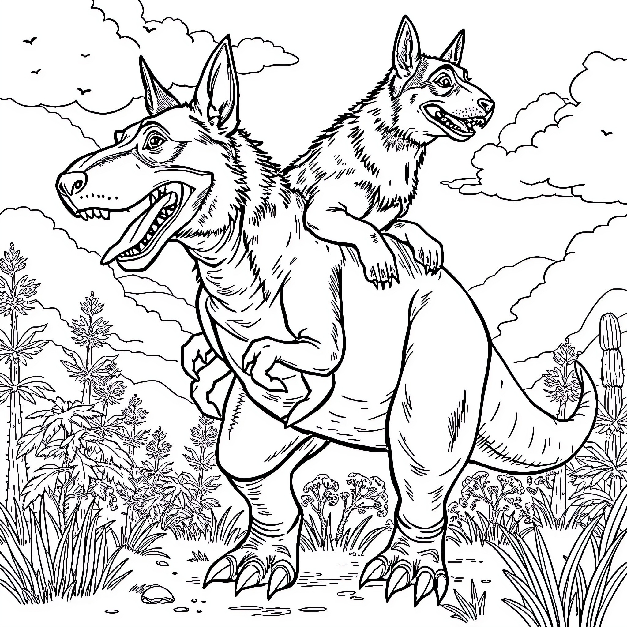 German Shepherd playing in the wilderness Coloring Page (free black-and-white line drawing printable PDF for all, from beginners to advanced learners, including children, teens, adults, and seniors)