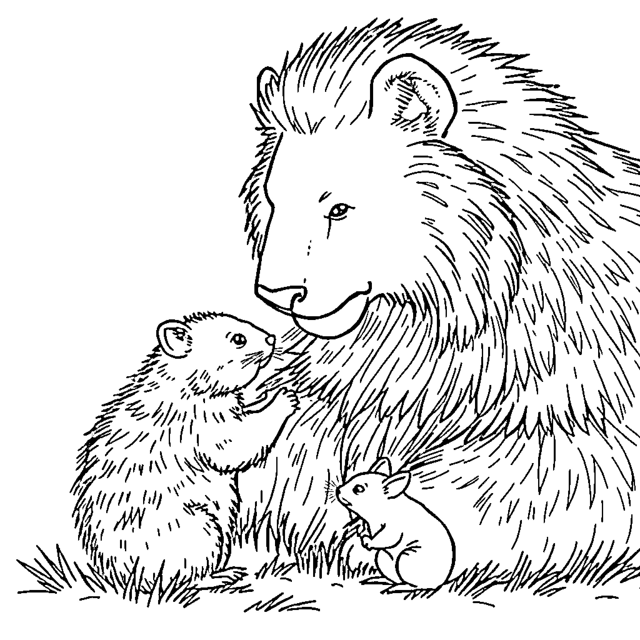 Oso and the Curious Companions Coloring Page (free black-and-white line drawing printable PDF for all, from beginners to advanced learners, including children, teens, adults, and seniors)