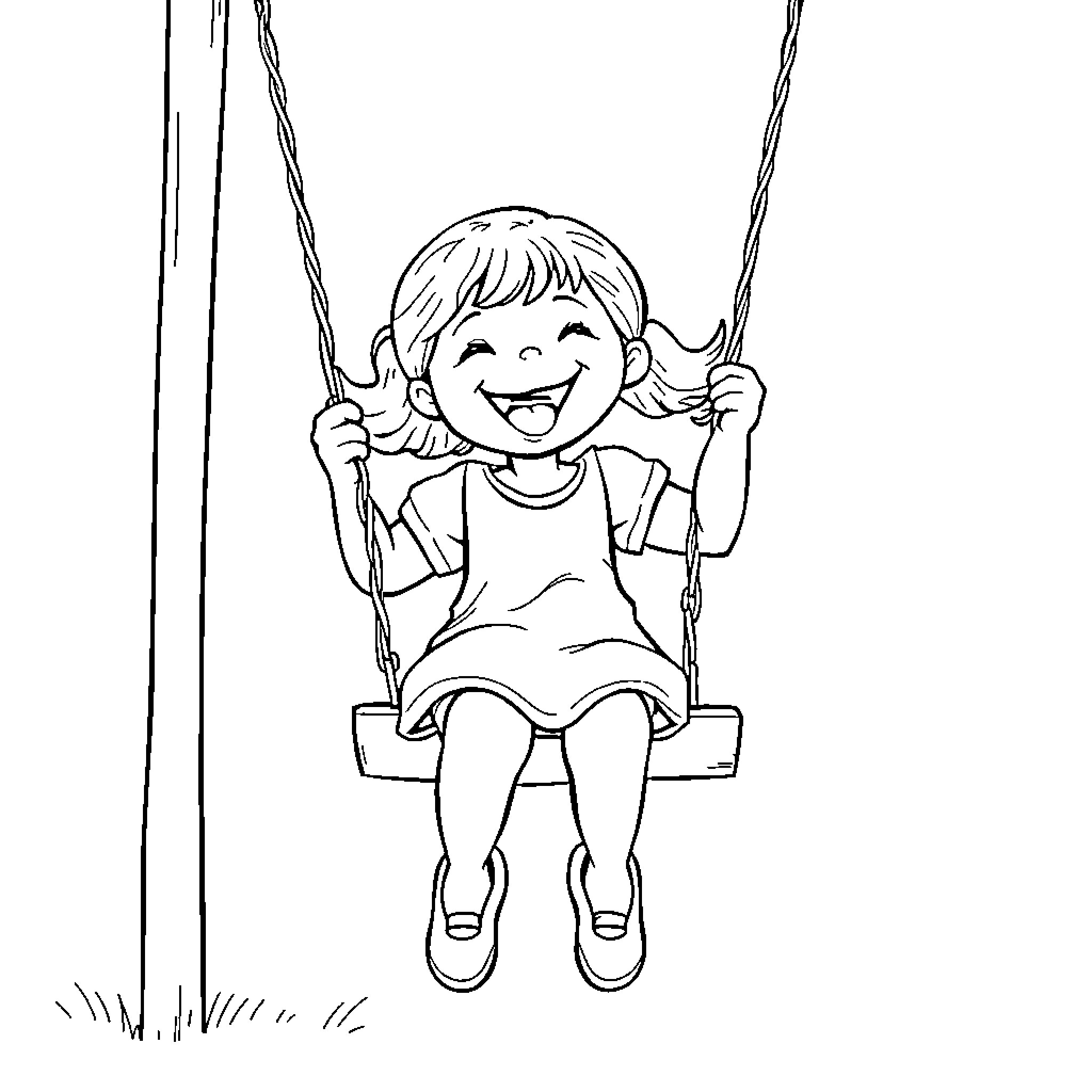 Girl smiling happily on a swing Coloring Page (free black-and-white line drawing printable PDF for all, from beginners to advanced learners, including children, teens, adults, and seniors)