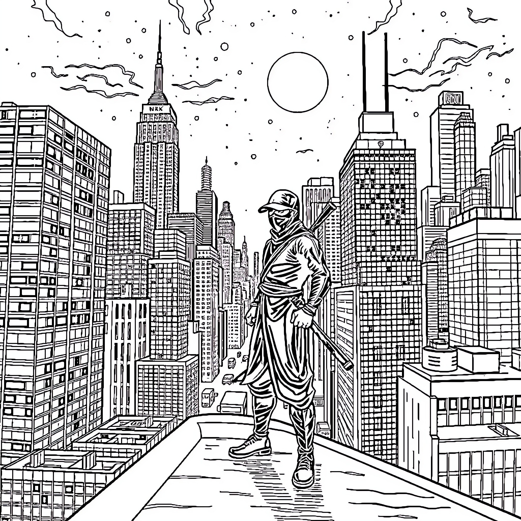 Ninja walking the city skyline Coloring Page (free black-and-white line drawing printable PDF for all, from beginners to advanced learners, including children, teens, adults, and seniors)