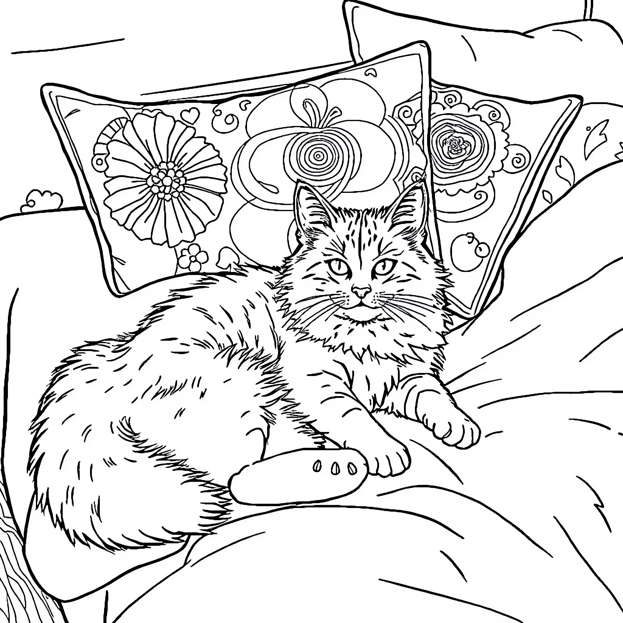 Cat resting on a floral couch Coloring Page (free black-and-white line drawing printable PDF for all, from beginners to advanced learners, including children, teens, adults, and seniors)