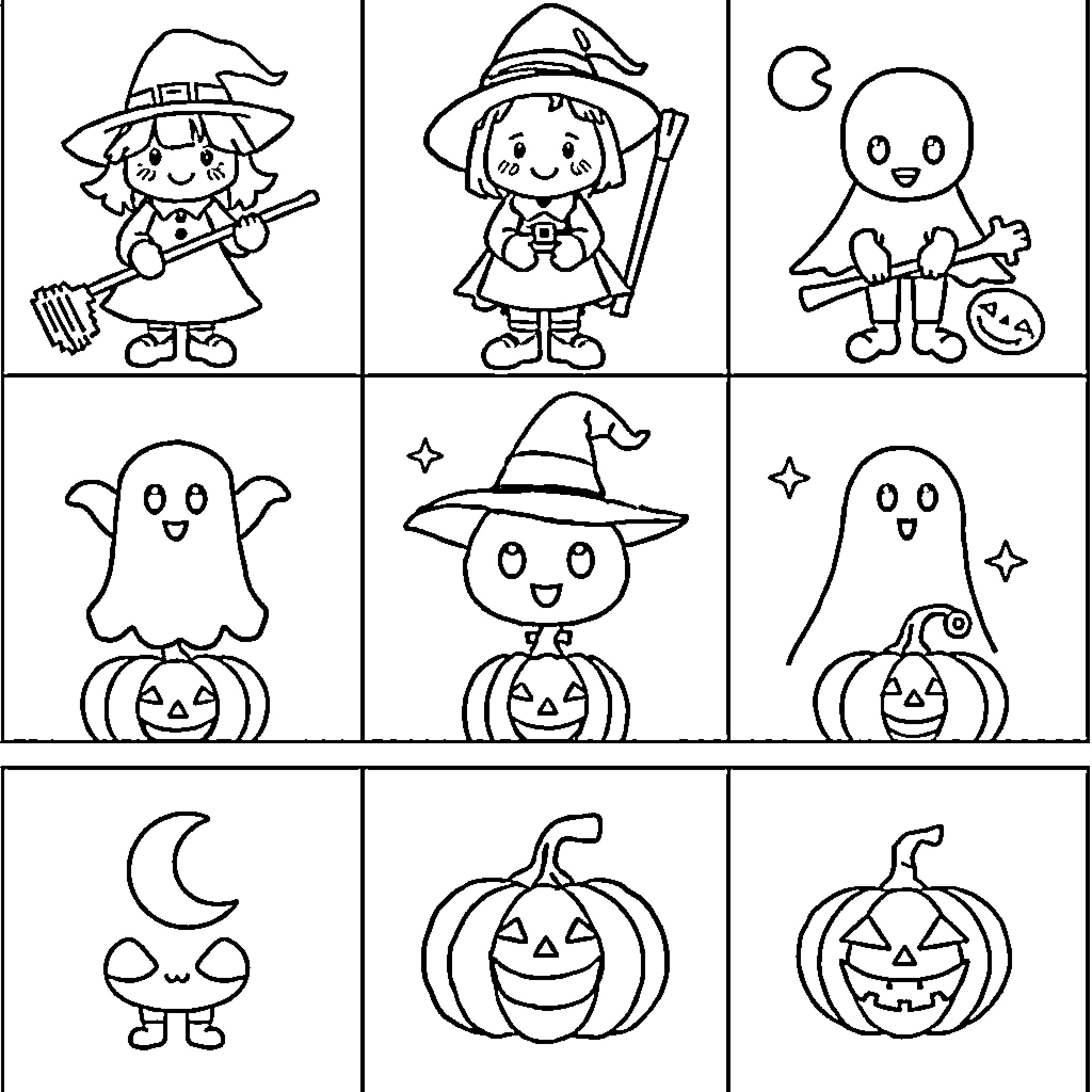 Halloween Characters with Cheerful Expressions Coloring Page (free black-and-white line drawing printable PDF for all, from beginners to advanced learners, including children, teens, adults, and seniors)