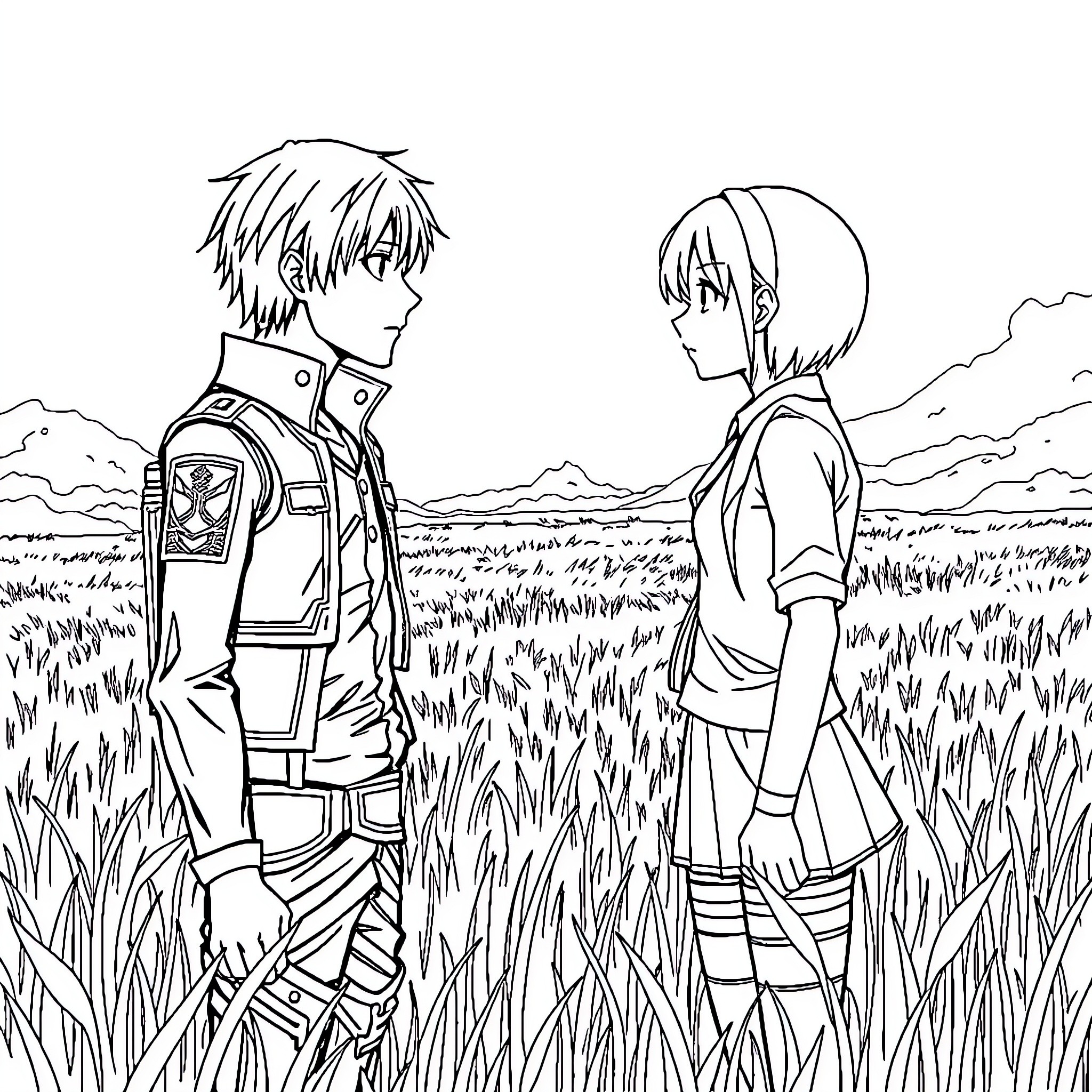 Eren's Adventure with a Companion in the Grassy Field Coloring Page (free black-and-white line drawing printable PDF for all, from beginners to advanced learners, including children, teens, adults, and seniors)