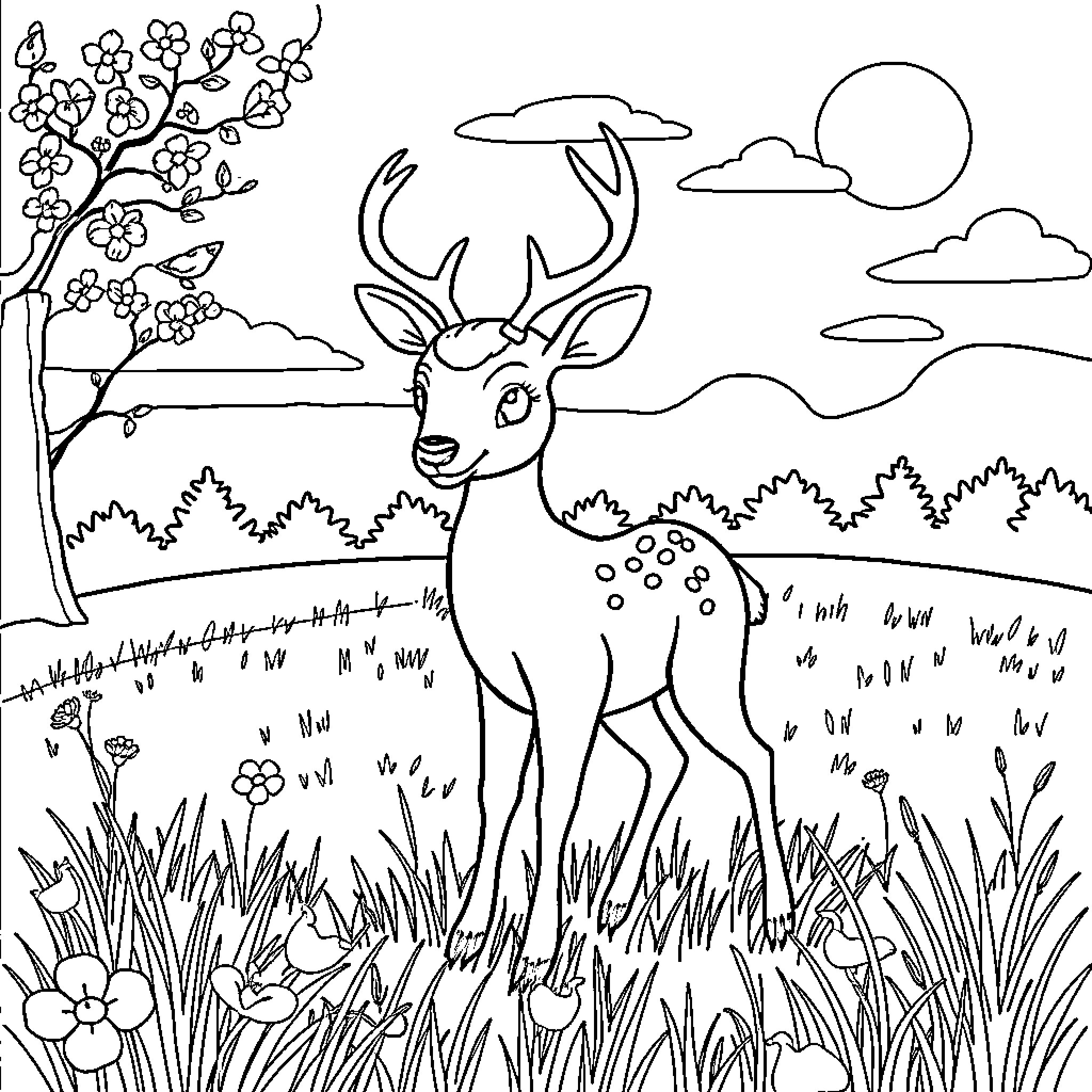 Deer admiring the springtime scenery Coloring Page (free black-and-white line drawing printable PDF for all, from beginners to advanced learners, including children, teens, adults, and seniors)