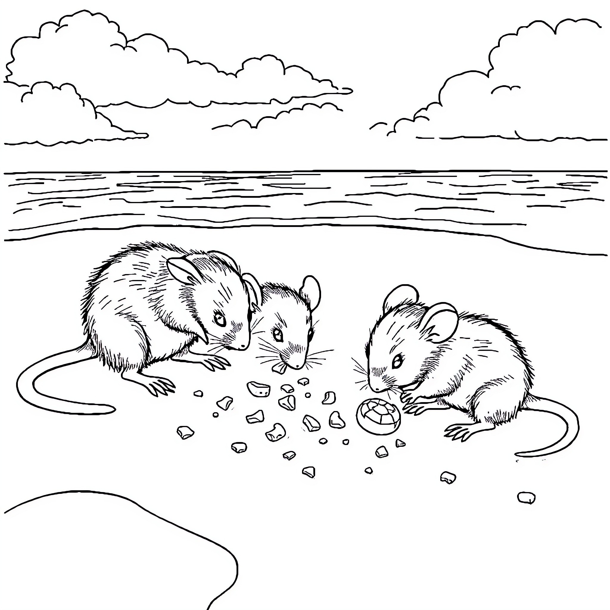 Mouse family exploring the shore Coloring Page (free black-and-white line drawing printable PDF for all, from beginners to advanced learners, including children, teens, adults, and seniors)
