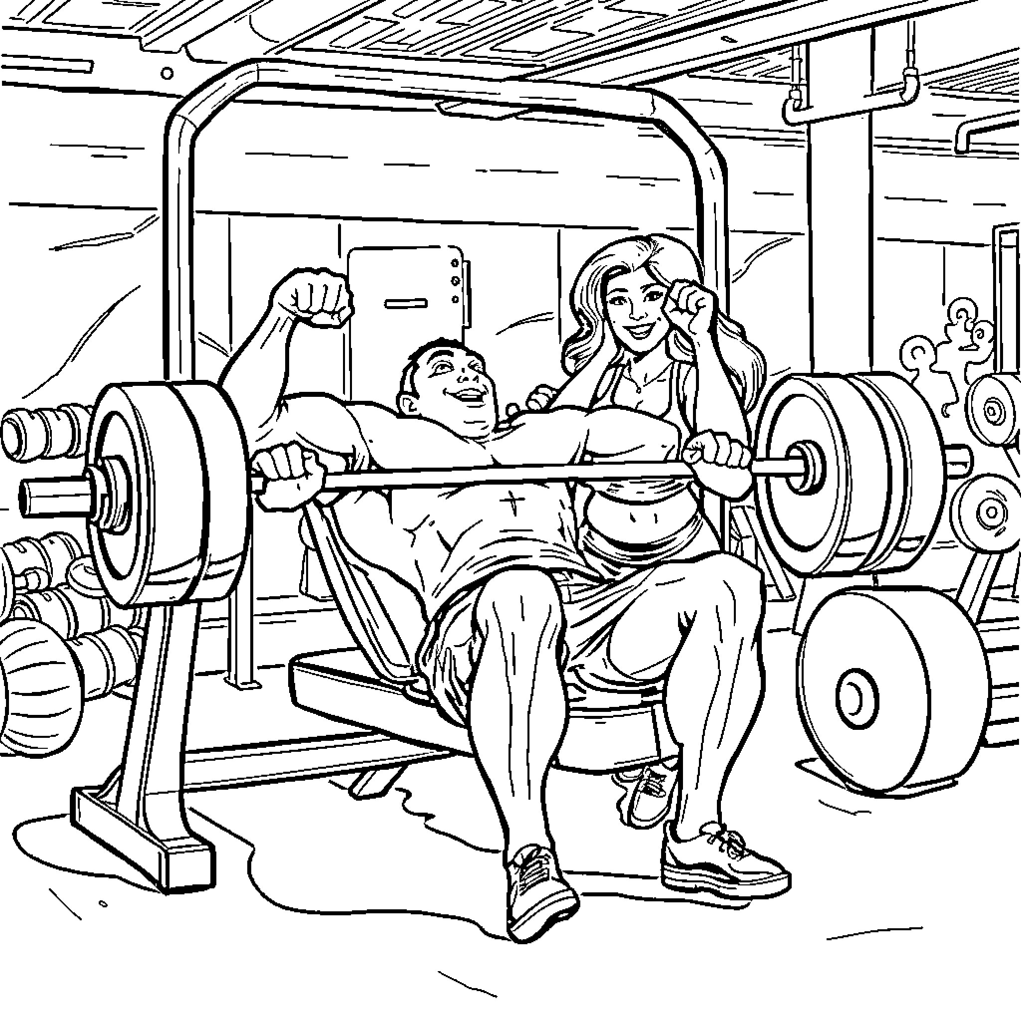 John Cena's Intense Workout with a Fitness Enthusiast Coloring Page (free black-and-white line drawing printable PDF for all, from beginners to advanced learners, including children, teens, adults, and seniors)