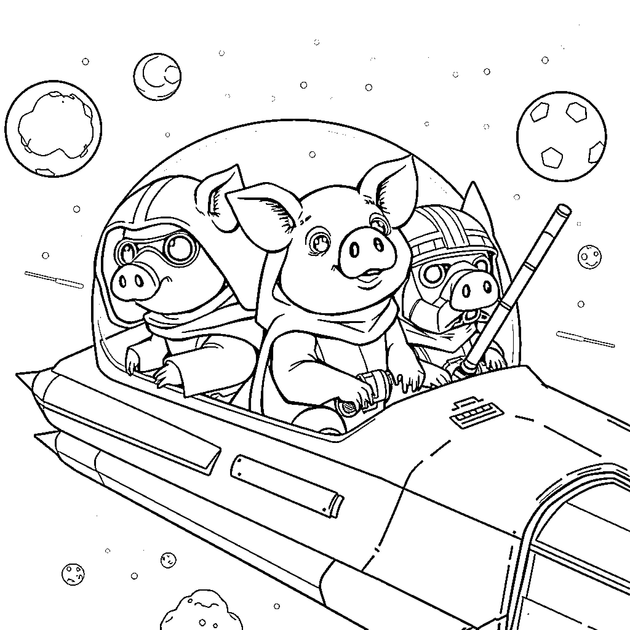 Pig astronauts exploring the cosmos in a rocket ship Coloring Page (free black-and-white line drawing printable PDF for all, from beginners to advanced learners, including children, teens, adults, and seniors)