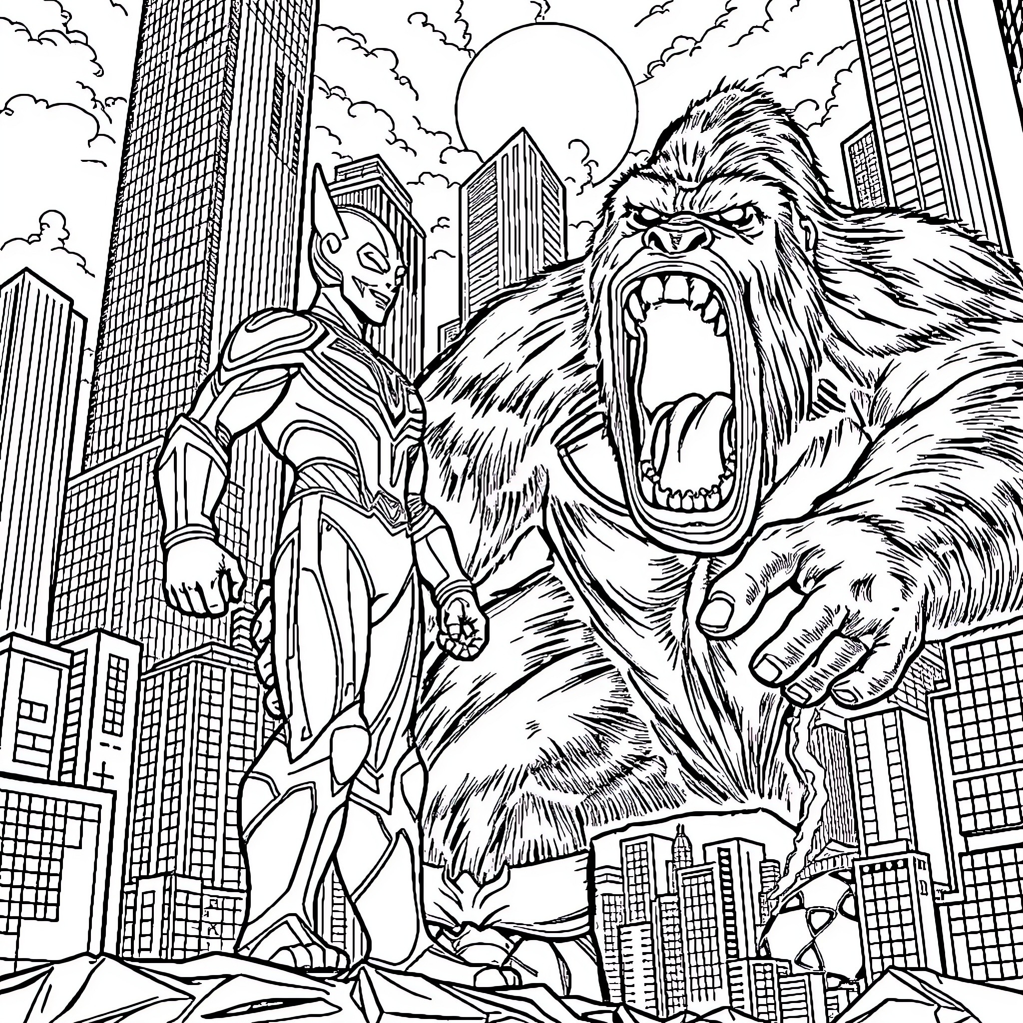 Ultraman Confronting a Fearsome Kaiju in the City Coloring Page (free black-and-white line drawing printable PDF for all, from beginners to advanced learners, including children, teens, adults, and seniors)