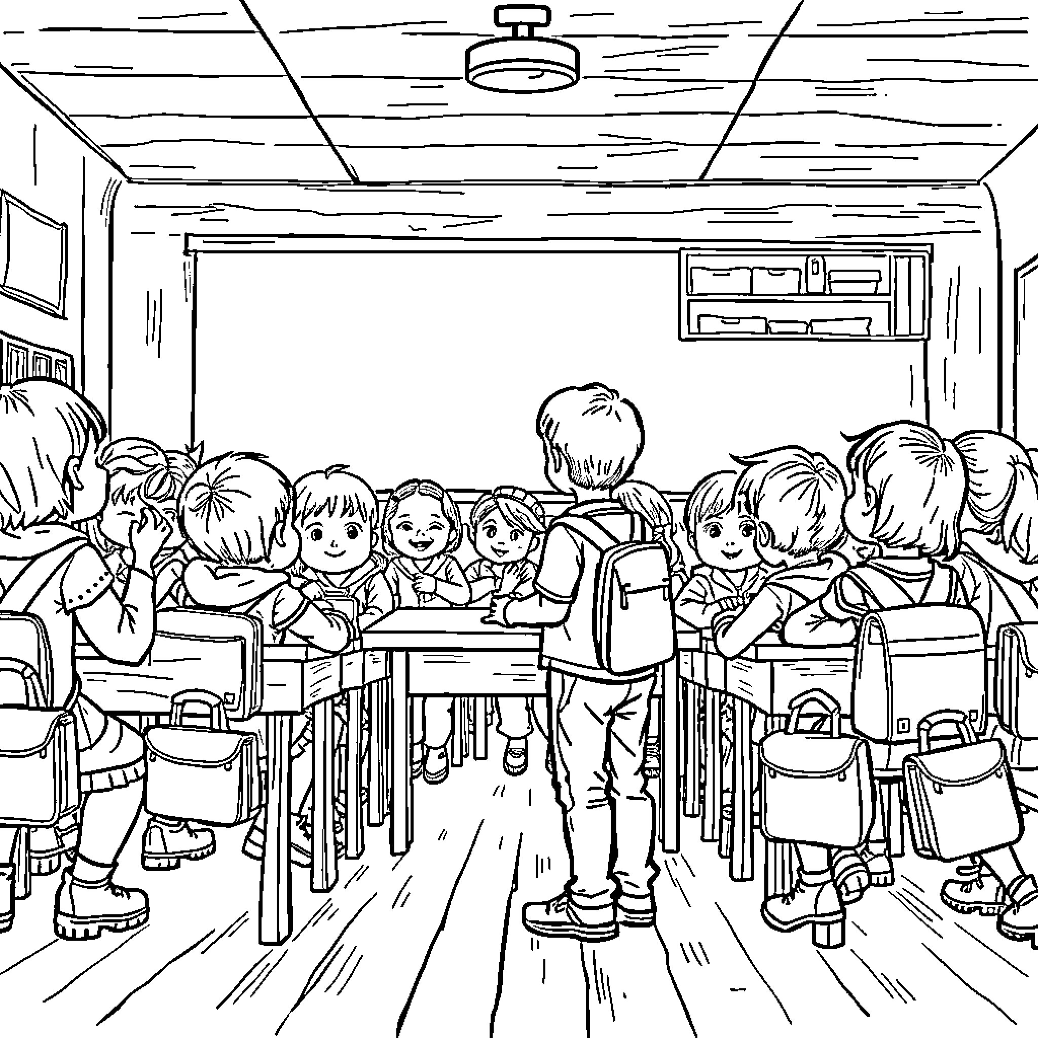 Enfants in a Classroom Scene Coloring Page (free black-and-white line drawing printable PDF for all, from beginners to advanced learners, including children, teens, adults, and seniors)
