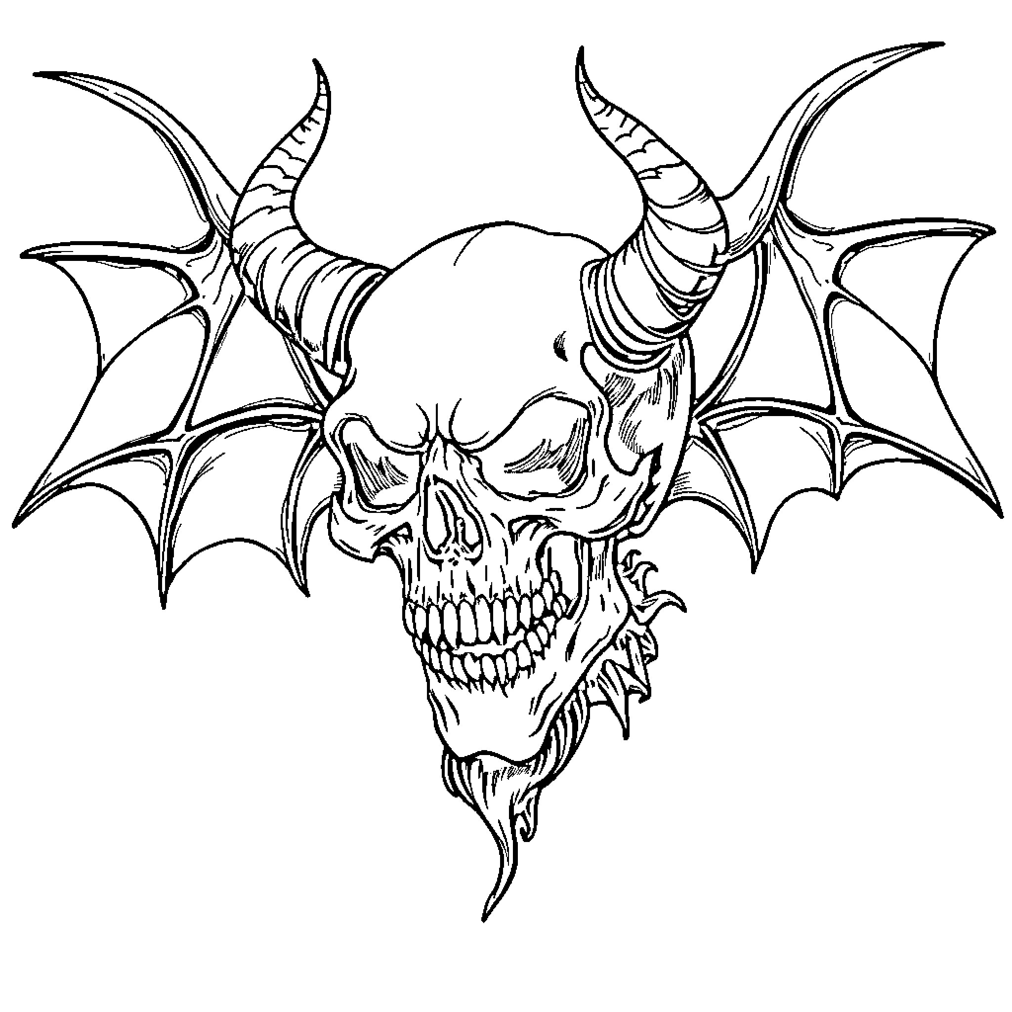 Skull with demonic horns and wings Coloring Page (free black-and-white line drawing printable PDF for all, from beginners to advanced learners, including children, teens, adults, and seniors)