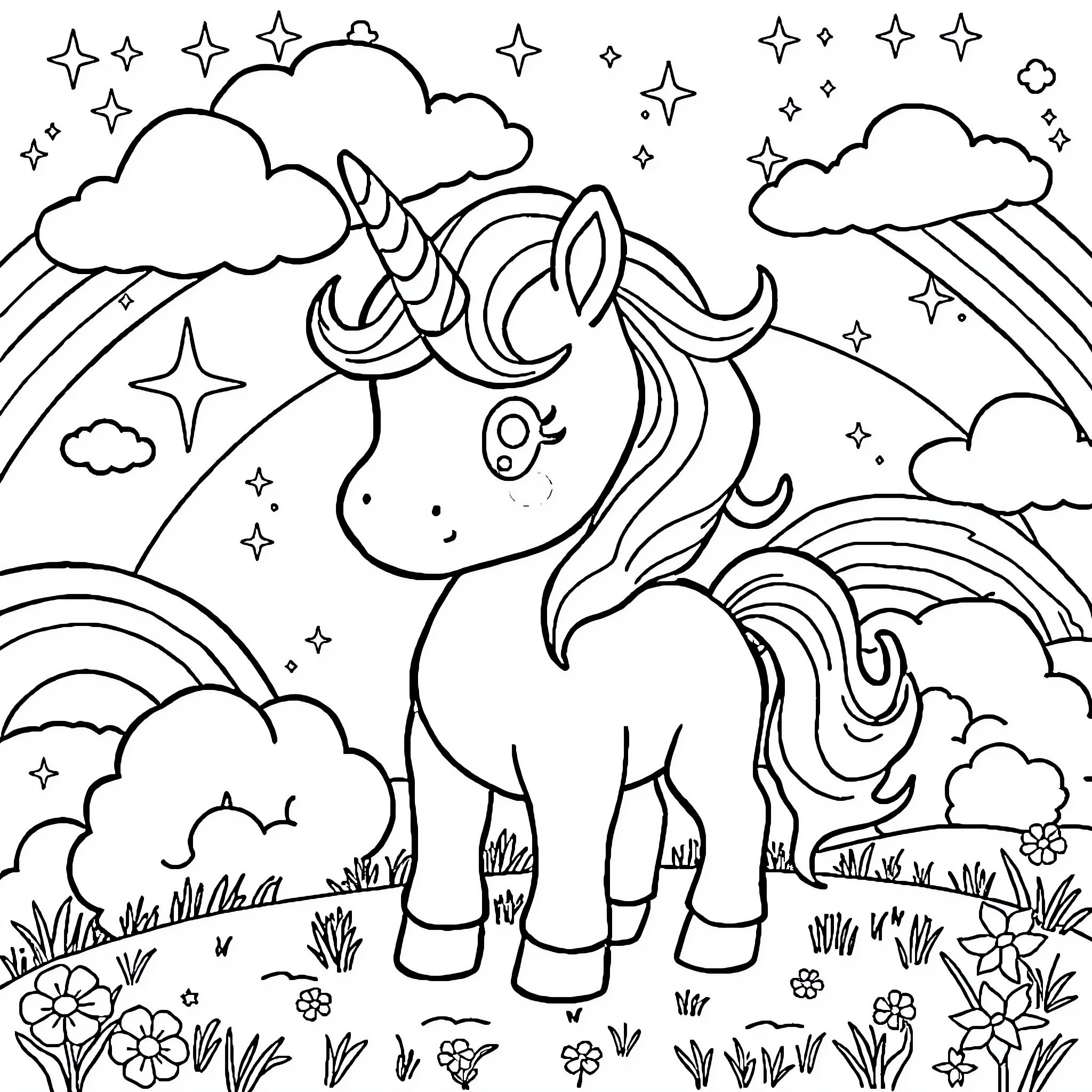 Unicorn playing in a magical fantasy landscape Coloring Page (free black-and-white line drawing printable PDF for all, from beginners to advanced learners, including children, teens, adults, and seniors)