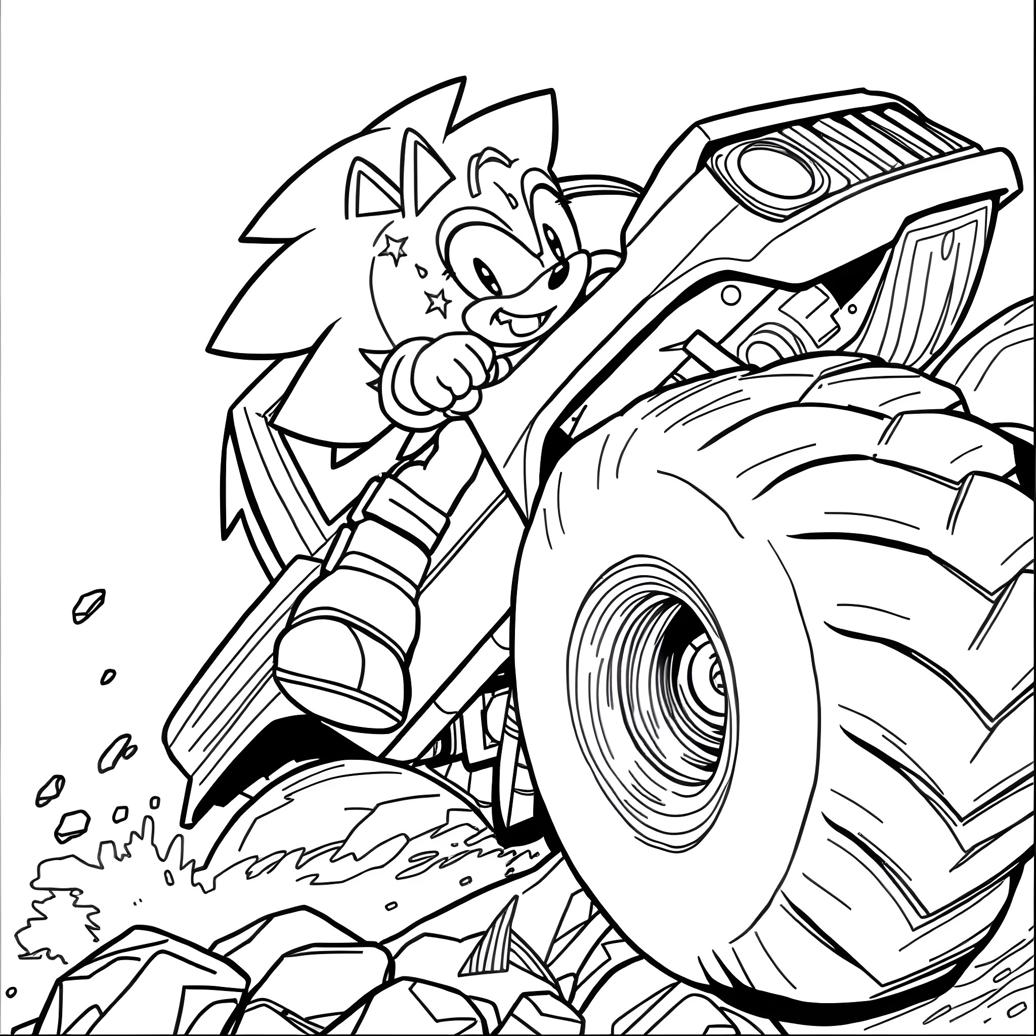 Sonic riding an off-road monster truck Coloring Page (free black-and-white line drawing printable PDF for all, from beginners to advanced learners, including children, teens, adults, and seniors)
