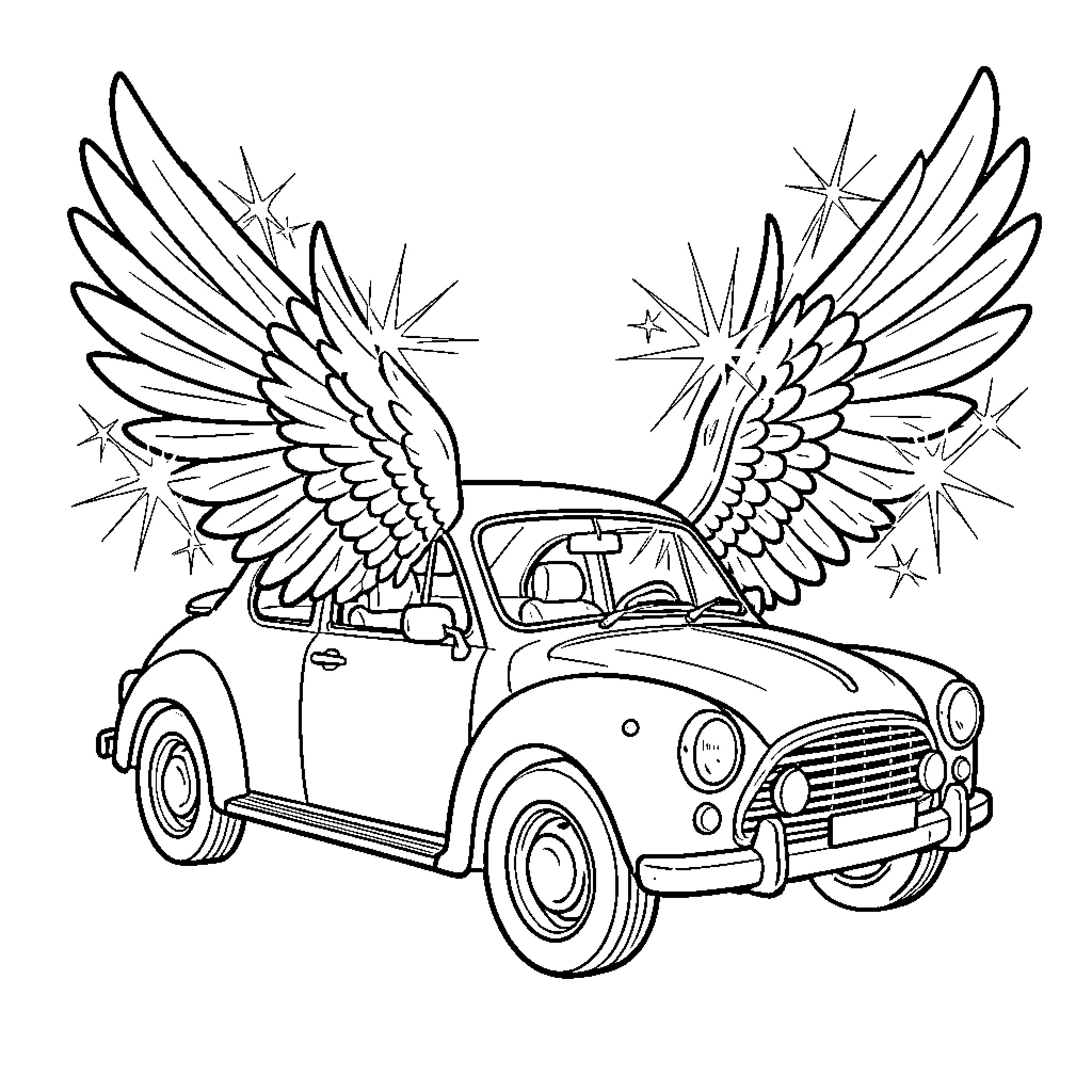 Car with magical wings and stars Coloring Page (free black-and-white line drawing printable PDF for all, from beginners to advanced learners, including children, teens, adults, and seniors)