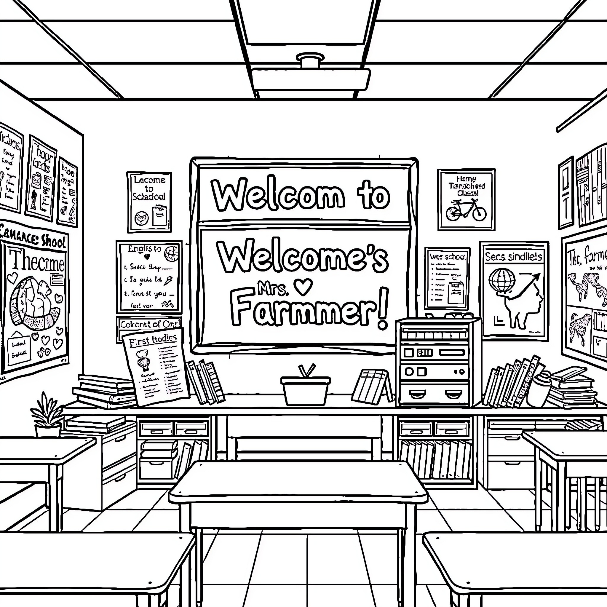 Classroom with Welcoming Decor and School Supplies Coloring Page (free black-and-white line drawing printable PDF for all, from beginners to advanced learners, including children, teens, adults, and seniors)