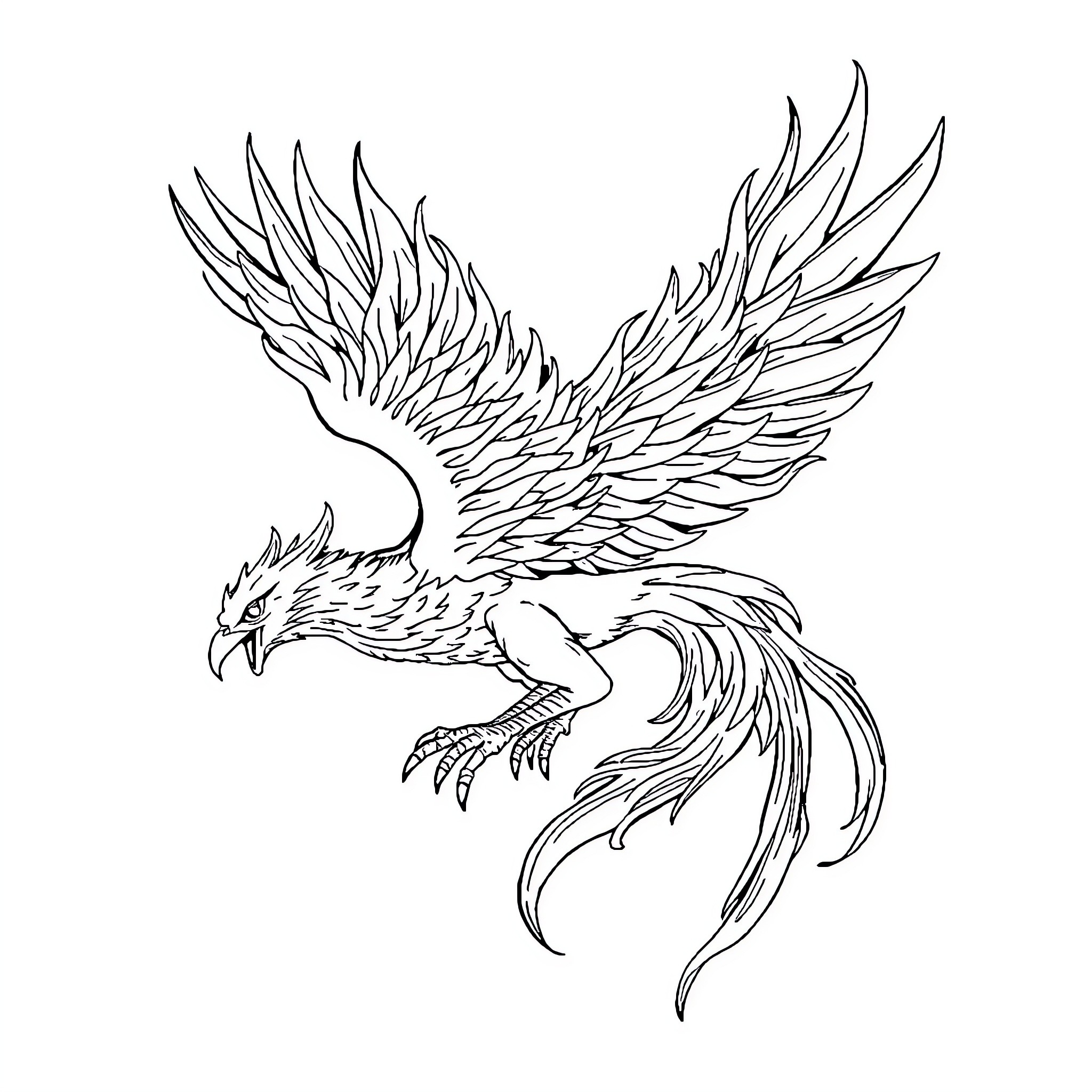 Phoenix soaring with majestic wings Coloring Page (free black-and-white line drawing printable PDF for all, from beginners to advanced learners, including children, teens, adults, and seniors)