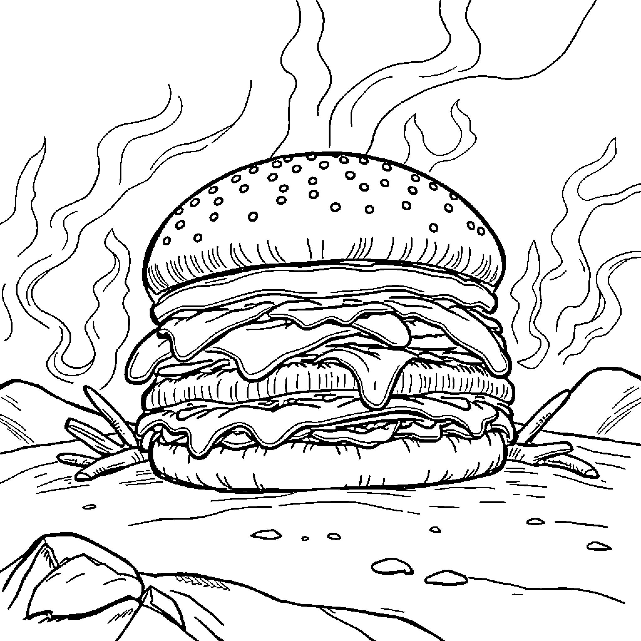 Big Mac with steam and smoke in the desert Coloring Page (free black-and-white line drawing printable PDF for all, from beginners to advanced learners, including children, teens, adults, and seniors)