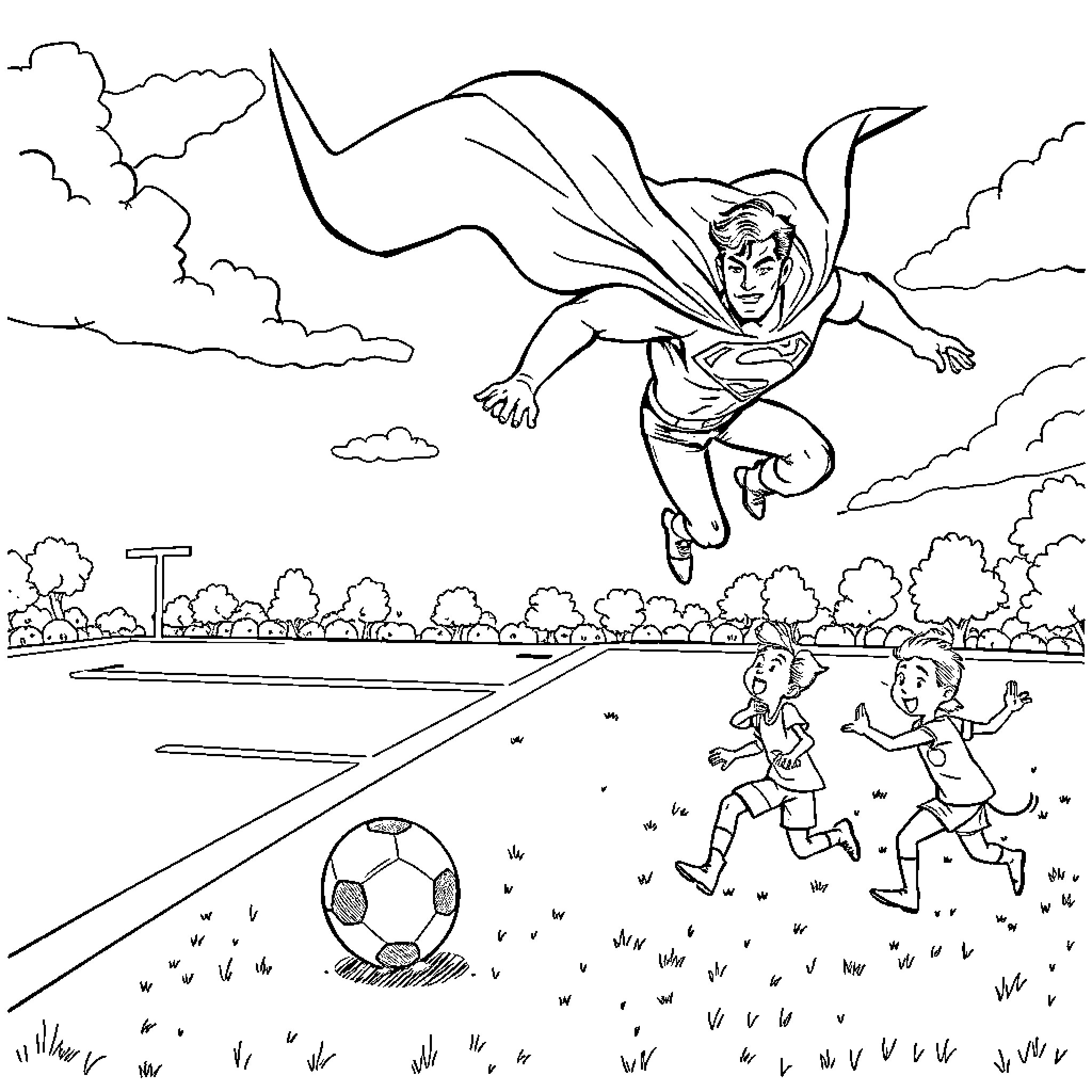 Superman heroically flies over children playing soccer Coloring Page (free black-and-white line drawing printable PDF for all, from beginners to advanced learners, including children, teens, adults, and seniors)