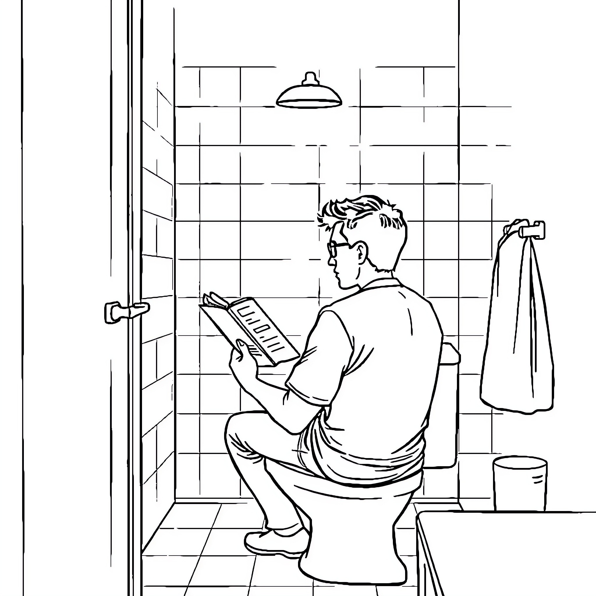 Superman relaxing and reading in the bathroom Coloring Page (free black-and-white line drawing printable PDF for all, from beginners to advanced learners, including children, teens, adults, and seniors)