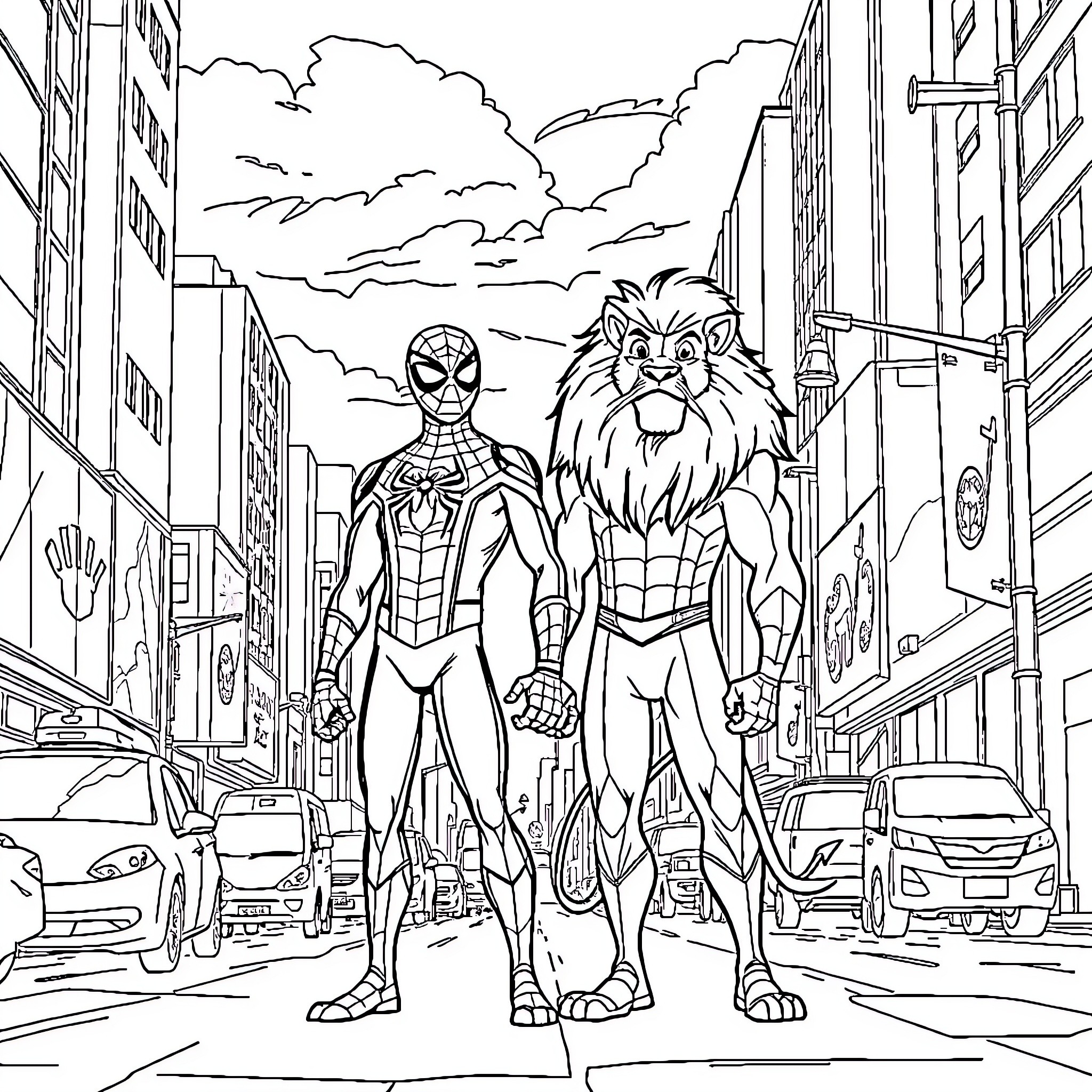 Spiderman and Lion Hero Explore the City Streets Coloring Page (free black-and-white line drawing printable PDF for all, from beginners to advanced learners, including children, teens, adults, and seniors)