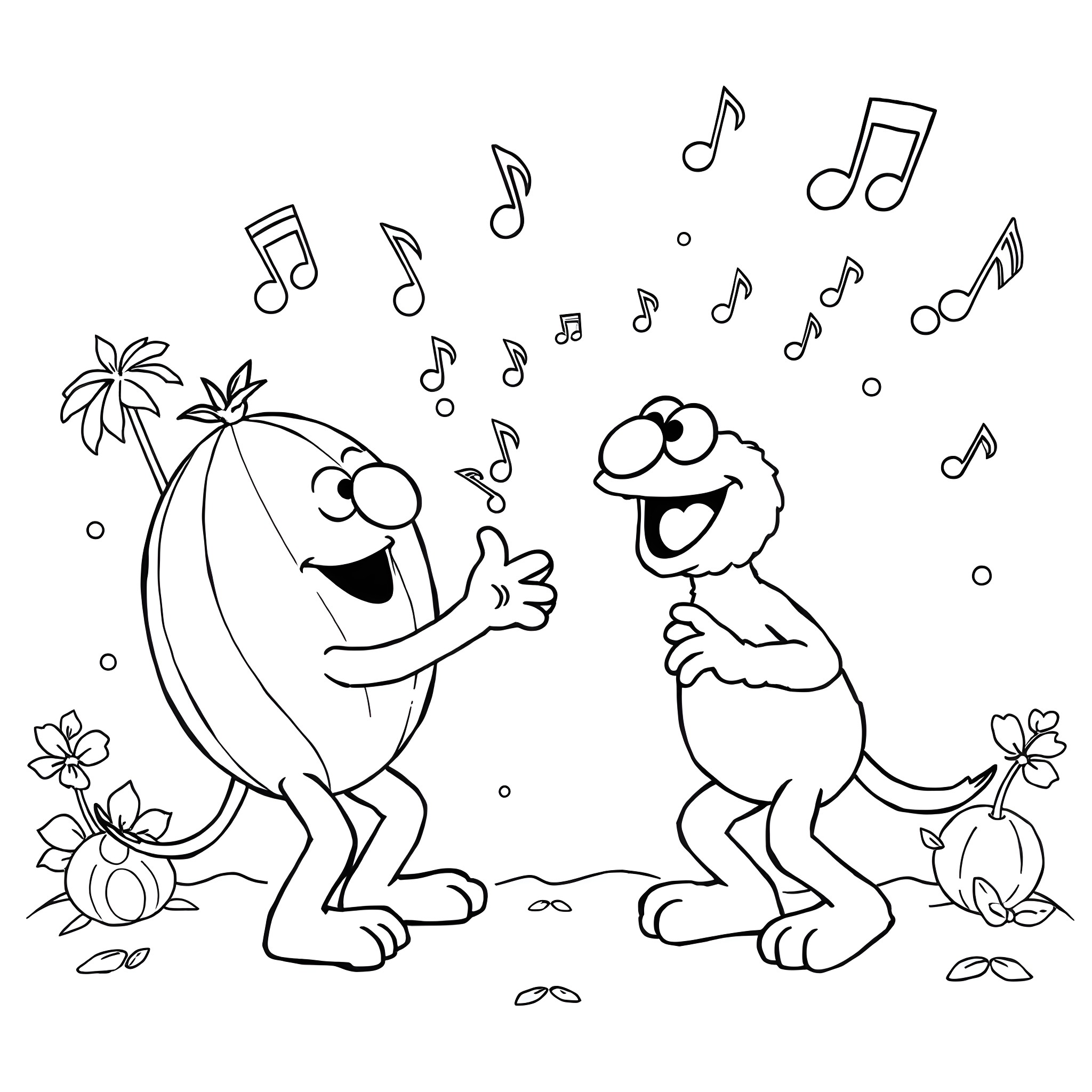 Cocomelon characters singing and dancing with music notes Coloring Page (free black-and-white line drawing printable PDF for all, from beginners to advanced learners, including children, teens, adults, and seniors)