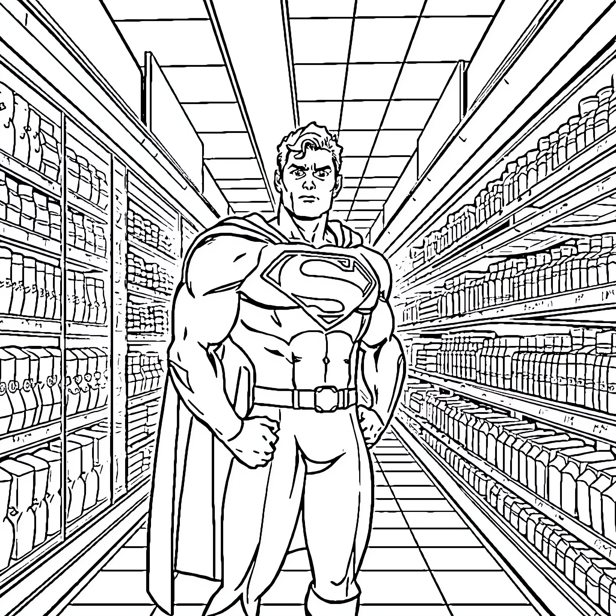 Superman standing heroically in a library aisle Coloring Page (free black-and-white line drawing printable PDF for all, from beginners to advanced learners, including children, teens, adults, and seniors)
