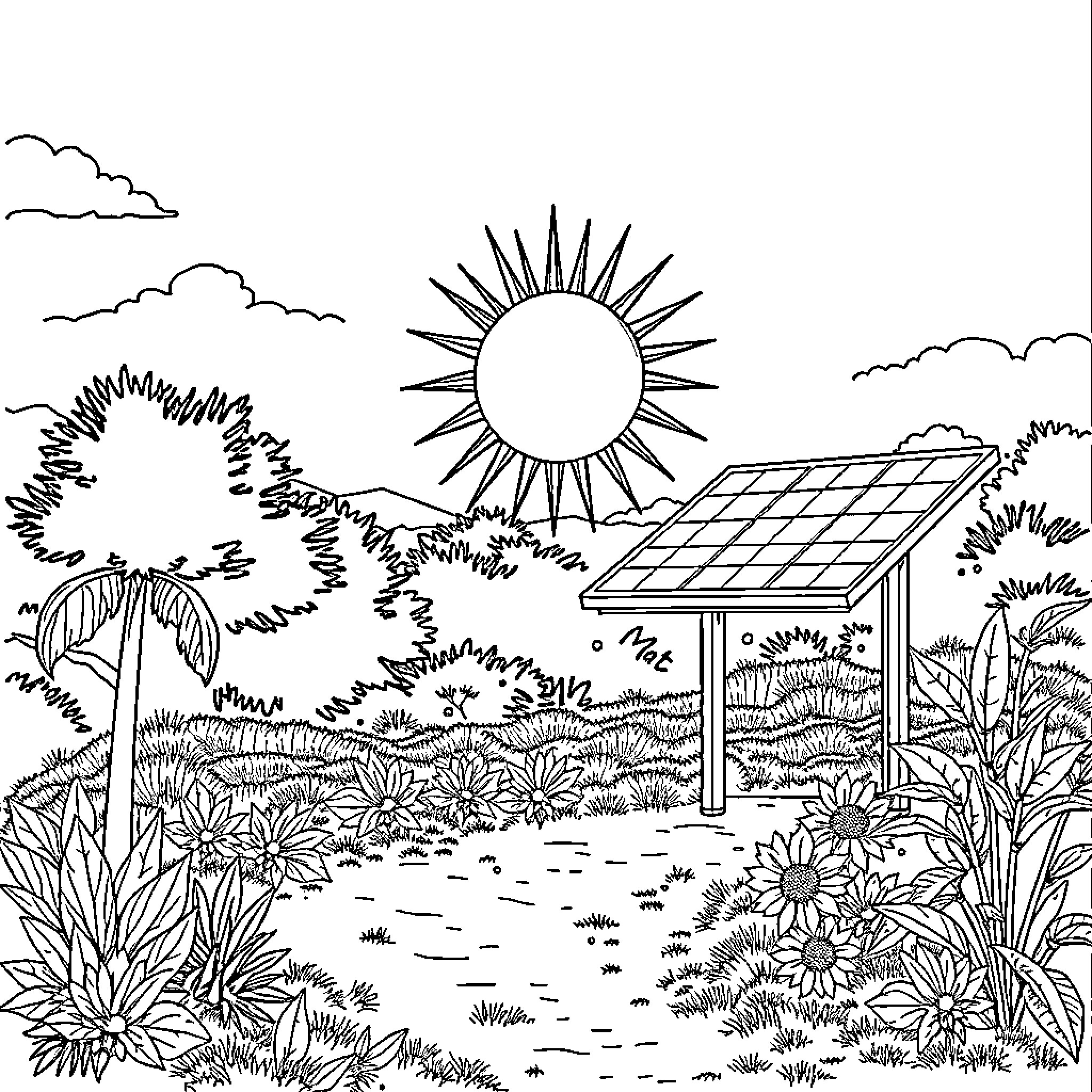 Solar System: Serene Landscape with Solar Panels Coloring Page (free black-and-white line drawing printable PDF for all, from beginners to advanced learners, including children, teens, adults, and seniors)