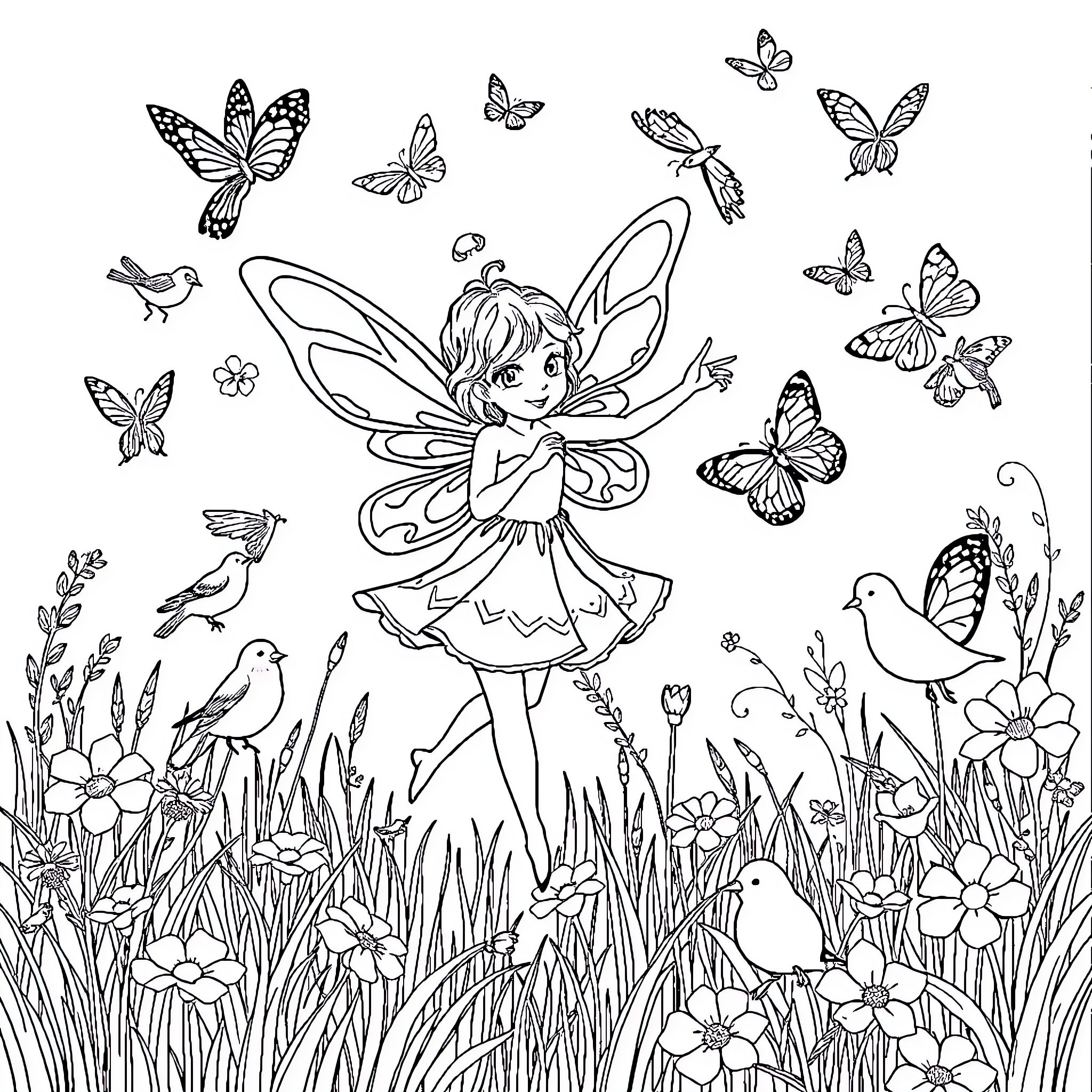 Fairy dancing amidst a meadow of butterflies and birds Coloring Page (free black-and-white line drawing printable PDF for all, from beginners to advanced learners, including children, teens, adults, and seniors)