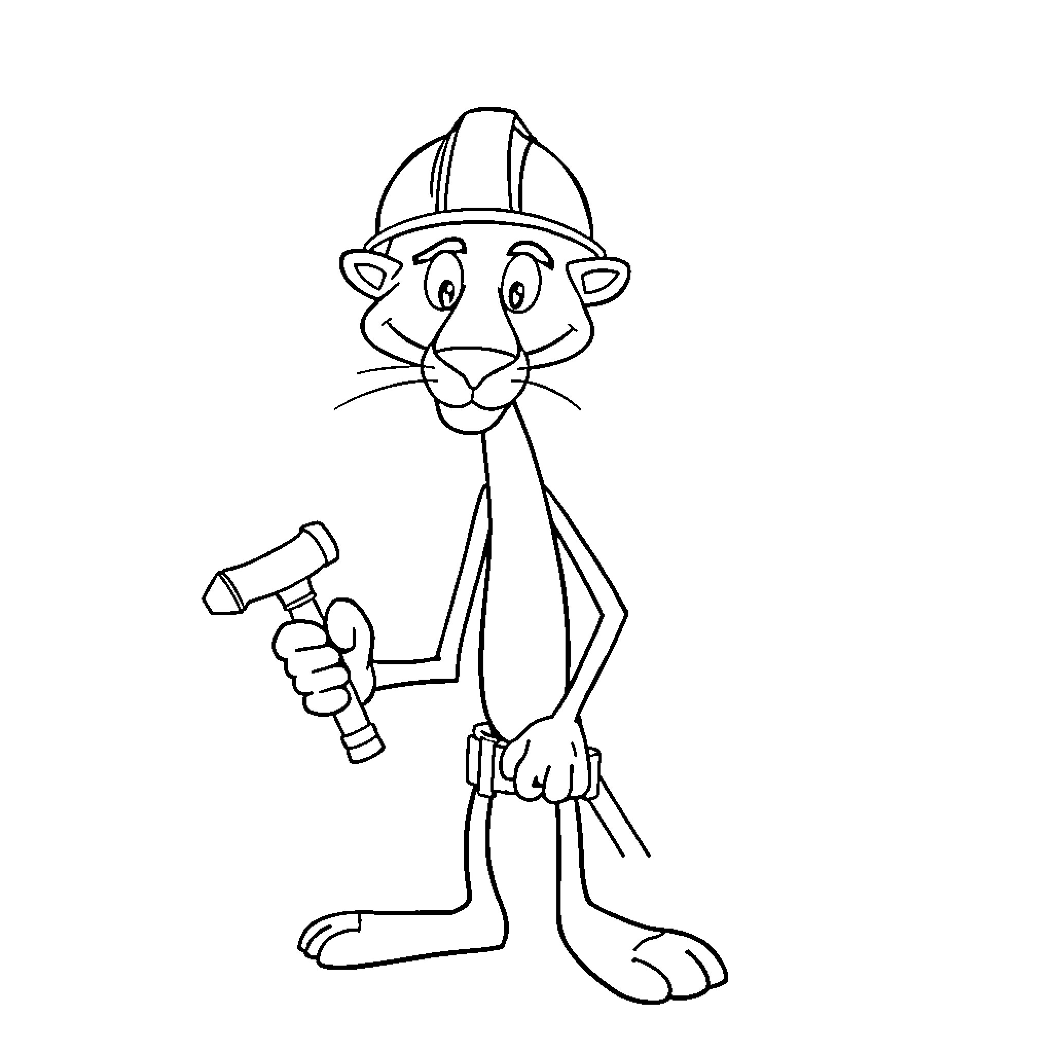 Pink Panther as a construction worker Coloring Page (free black-and-white line drawing printable PDF for all, from beginners to advanced learners, including children, teens, adults, and seniors)