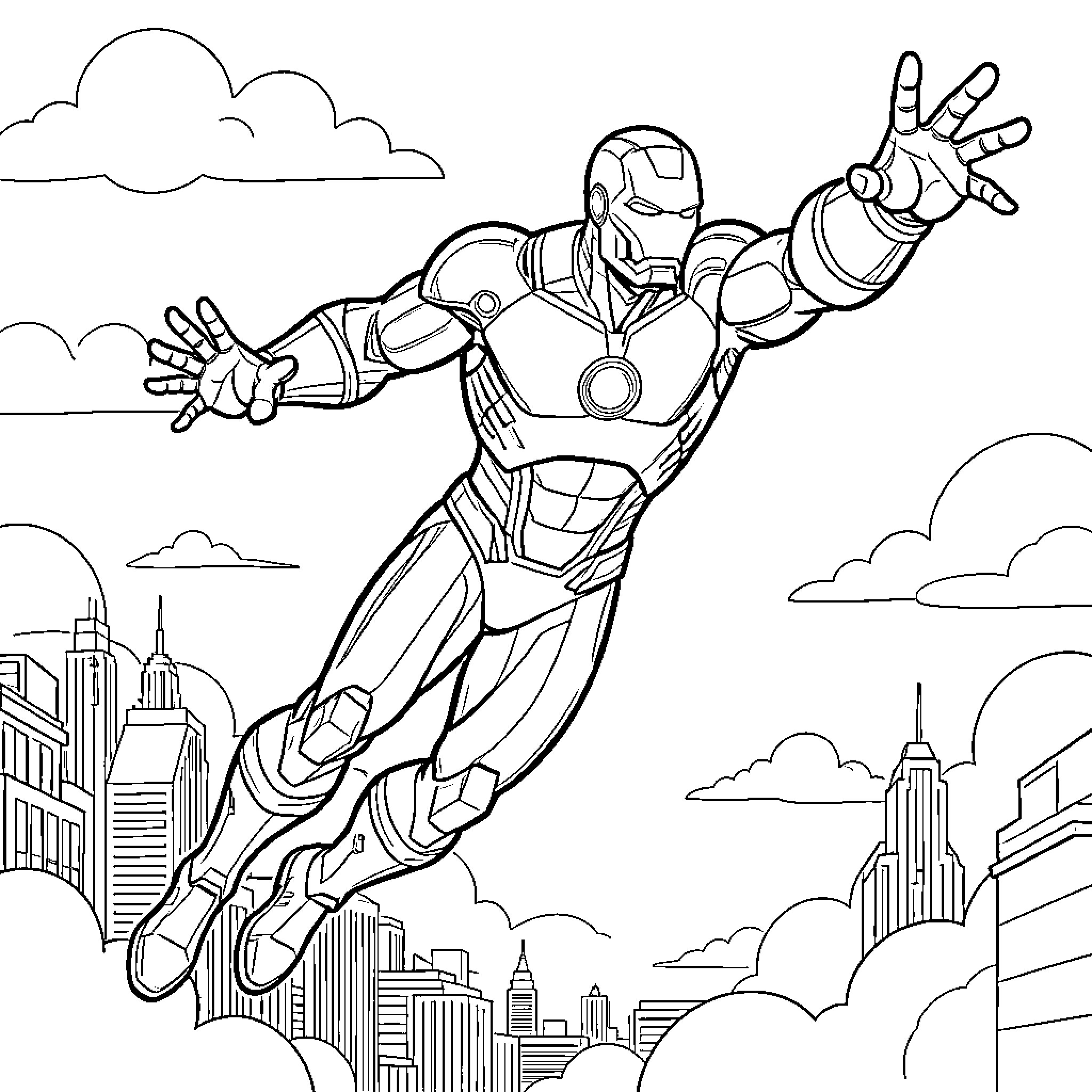 Ironman flying heroically above a city skyline Coloring Page (free black-and-white line drawing printable PDF for all, from beginners to advanced learners, including children, teens, adults, and seniors)