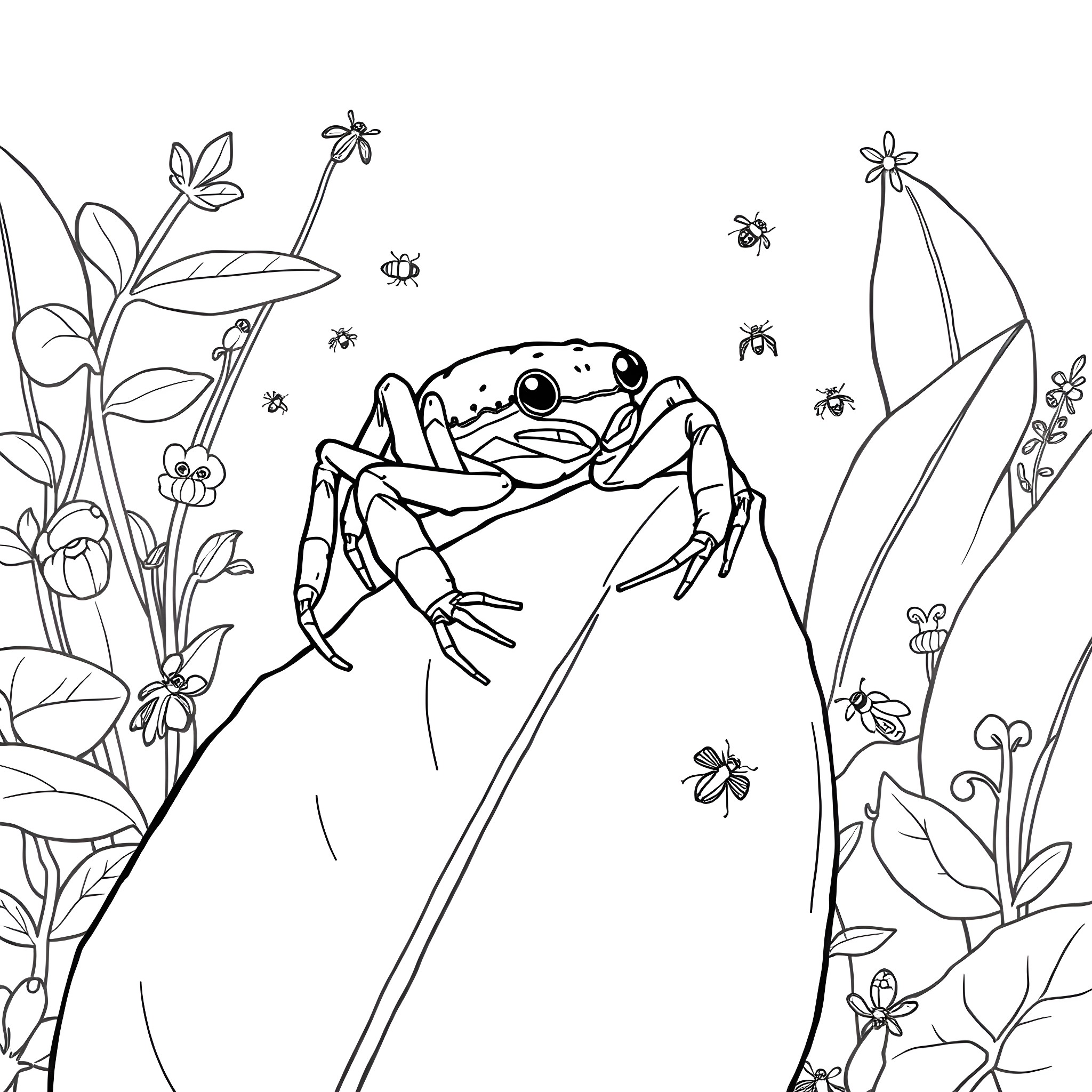 Spider-Frog exploring colorful floral landscape Coloring Page (free black-and-white line drawing printable PDF for all, from beginners to advanced learners, including children, teens, adults, and seniors)