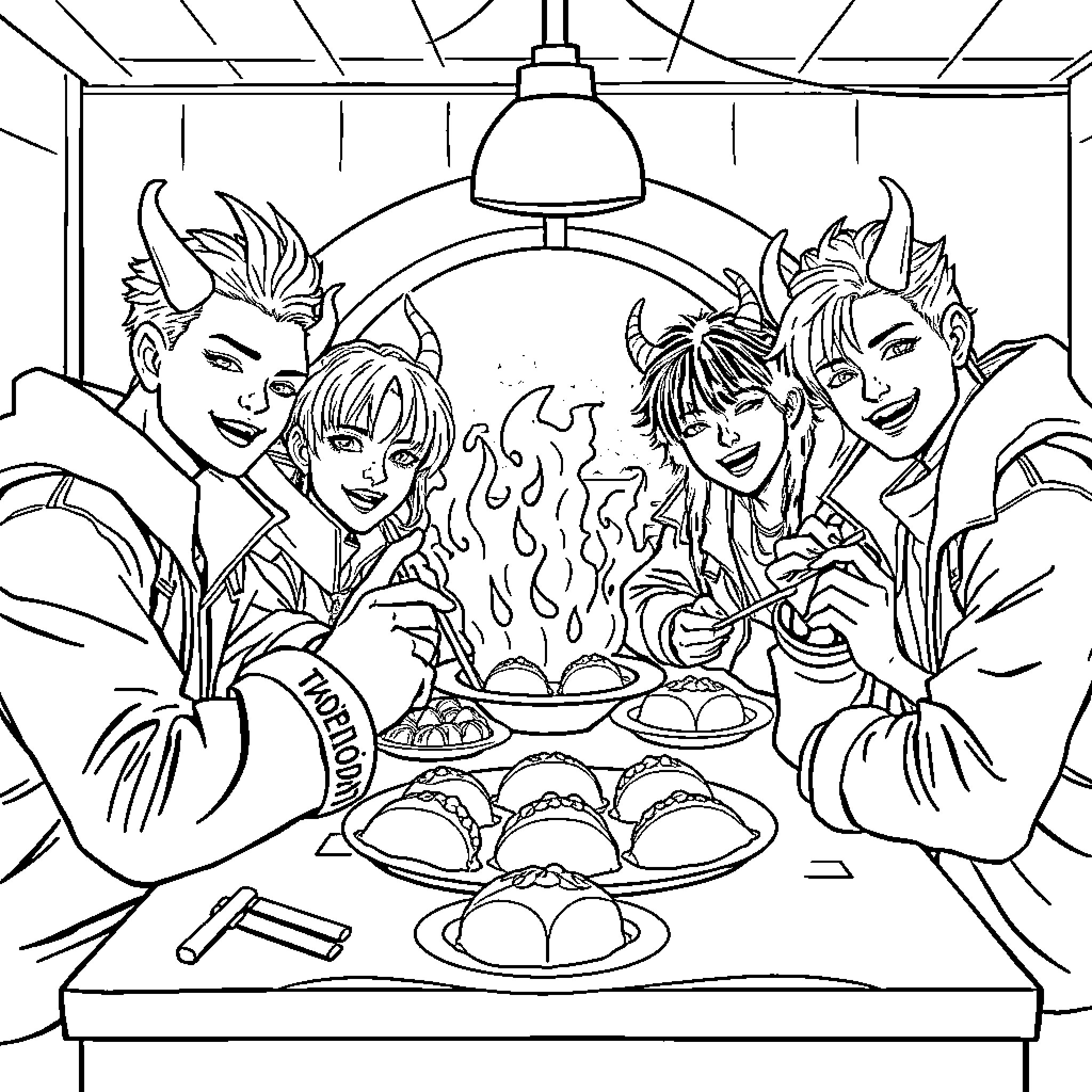 Demon Hunters enjoying a feast together Coloring Page (free black-and-white line drawing printable PDF for all, from beginners to advanced learners, including children, teens, adults, and seniors)