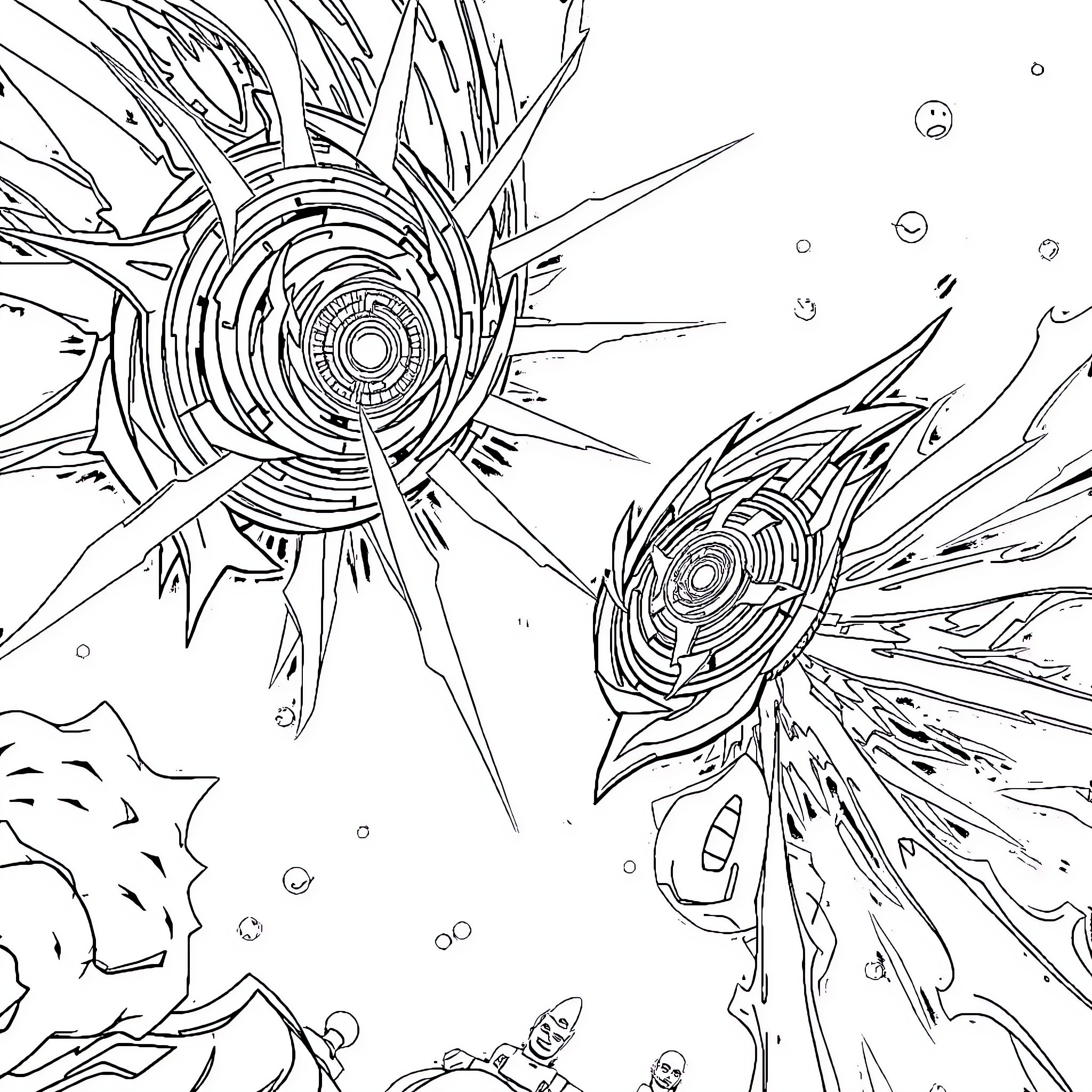 Beyblade battling in a cosmic arena Coloring Page (free black-and-white line drawing printable PDF for all, from beginners to advanced learners, including children, teens, adults, and seniors)