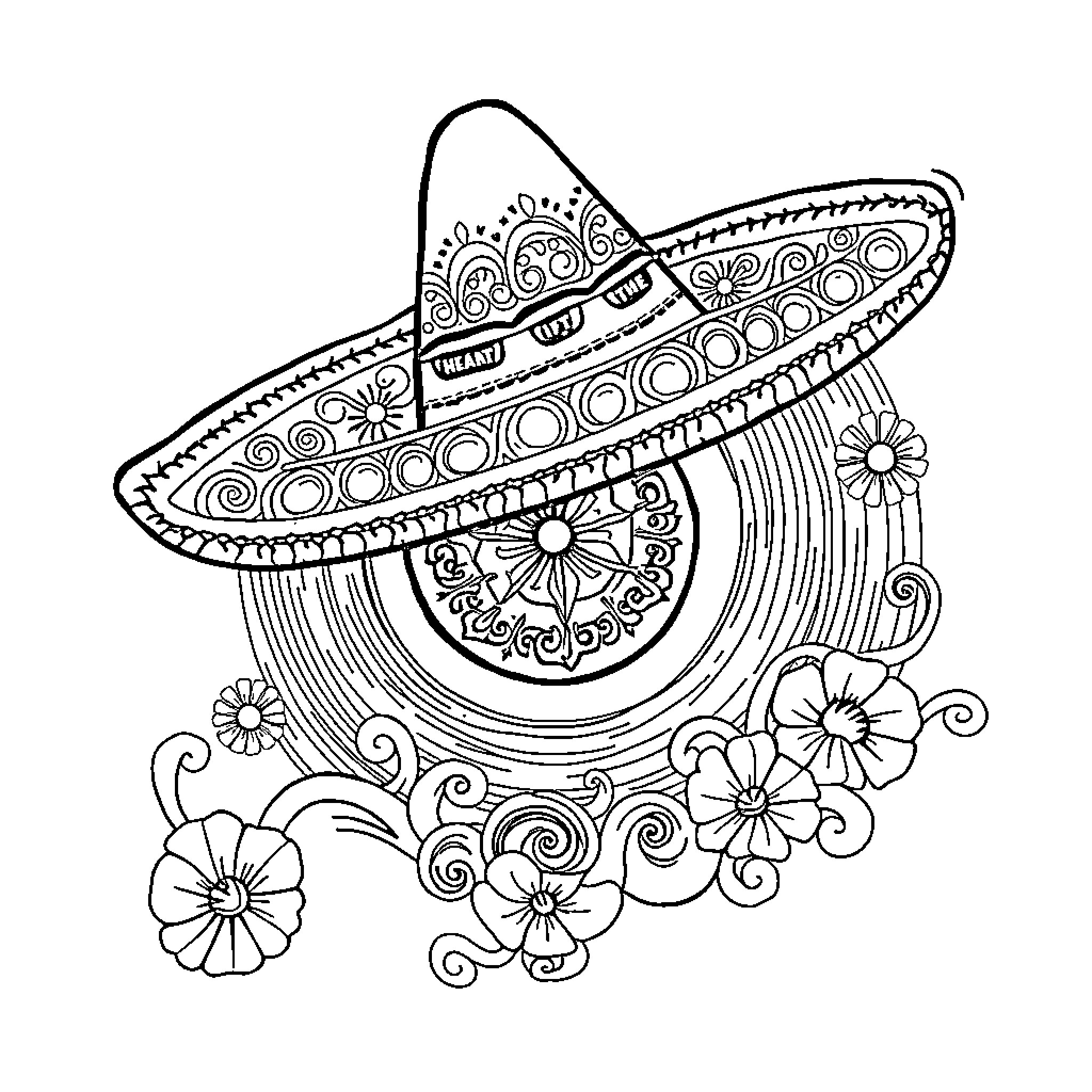 Vinyl Sombrero with Floral Accents Coloring Page (free black-and-white line drawing printable PDF for all, from beginners to advanced learners, including children, teens, adults, and seniors)