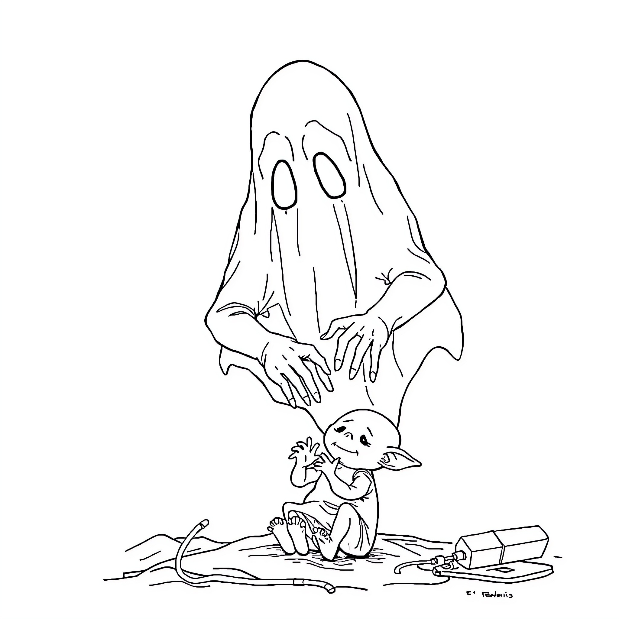 Ghost comforting a frightened creature Coloring Page (free black-and-white line drawing printable PDF for all, from beginners to advanced learners, including children, teens, adults, and seniors)