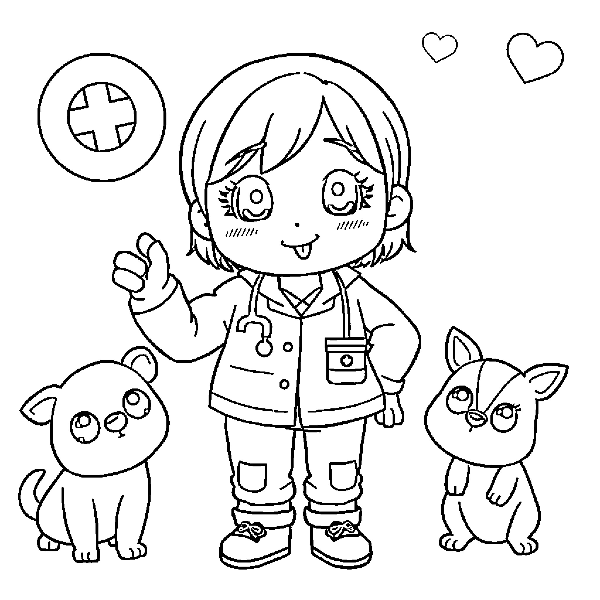 Veterinarian caring for adorable pets Coloring Page (free black-and-white line drawing printable PDF for all, from beginners to advanced learners, including children, teens, adults, and seniors)