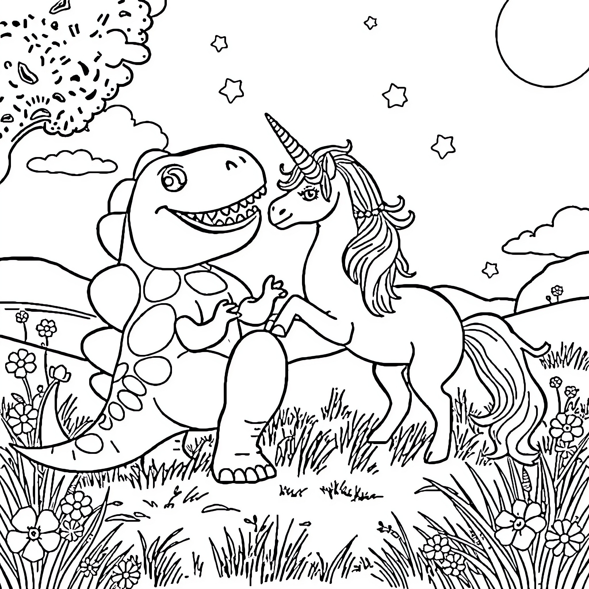 Dinosaur and Unicorn Playing in a Magical Meadow Coloring Page (free black-and-white line drawing printable PDF for all, from beginners to advanced learners, including children, teens, adults, and seniors)