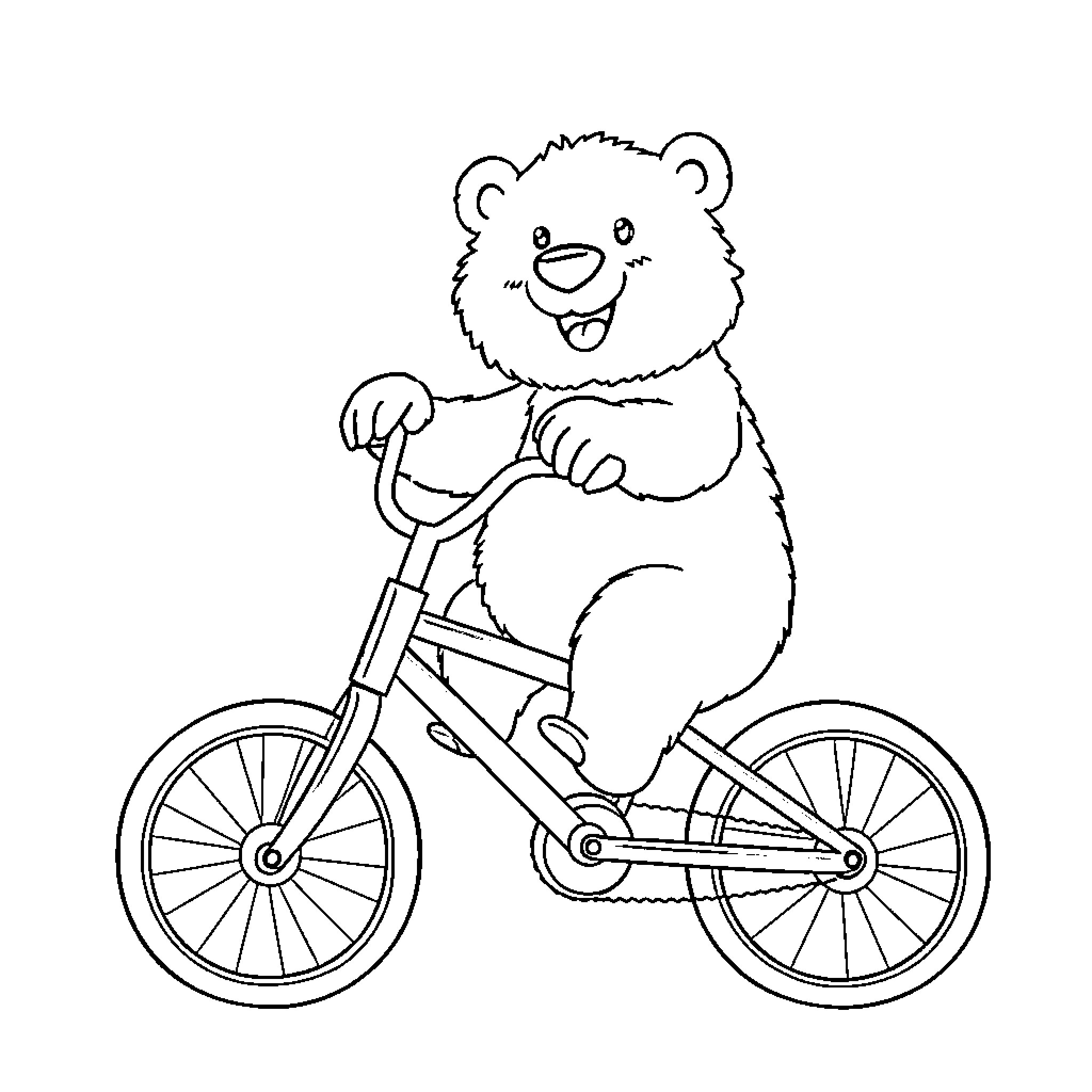 Polar Bear riding a bicycle happily Coloring Page (free black-and-white line drawing printable PDF for all, from beginners to advanced learners, including children, teens, adults, and seniors)