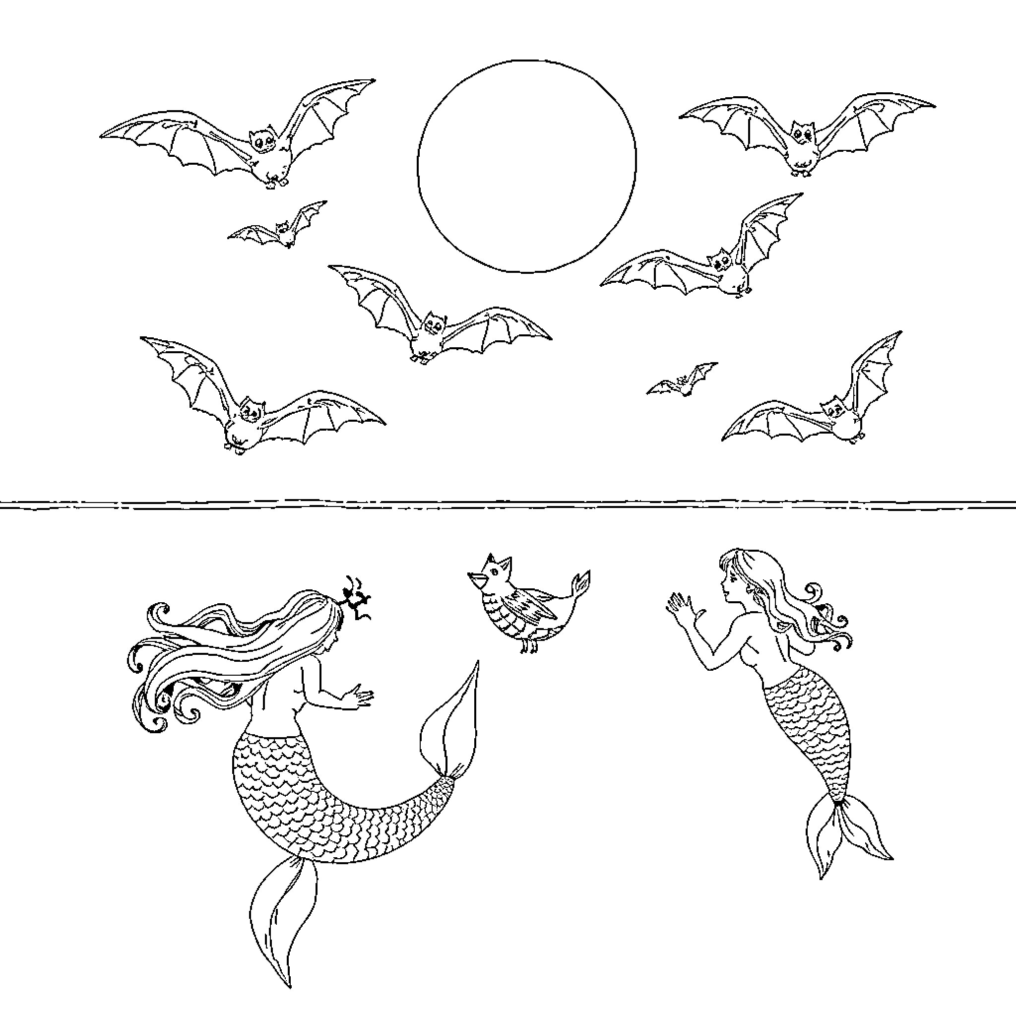 Mermaid and her underwater friends under the moonlight Coloring Page (free black-and-white line drawing printable PDF for all, from beginners to advanced learners, including children, teens, adults, and seniors)