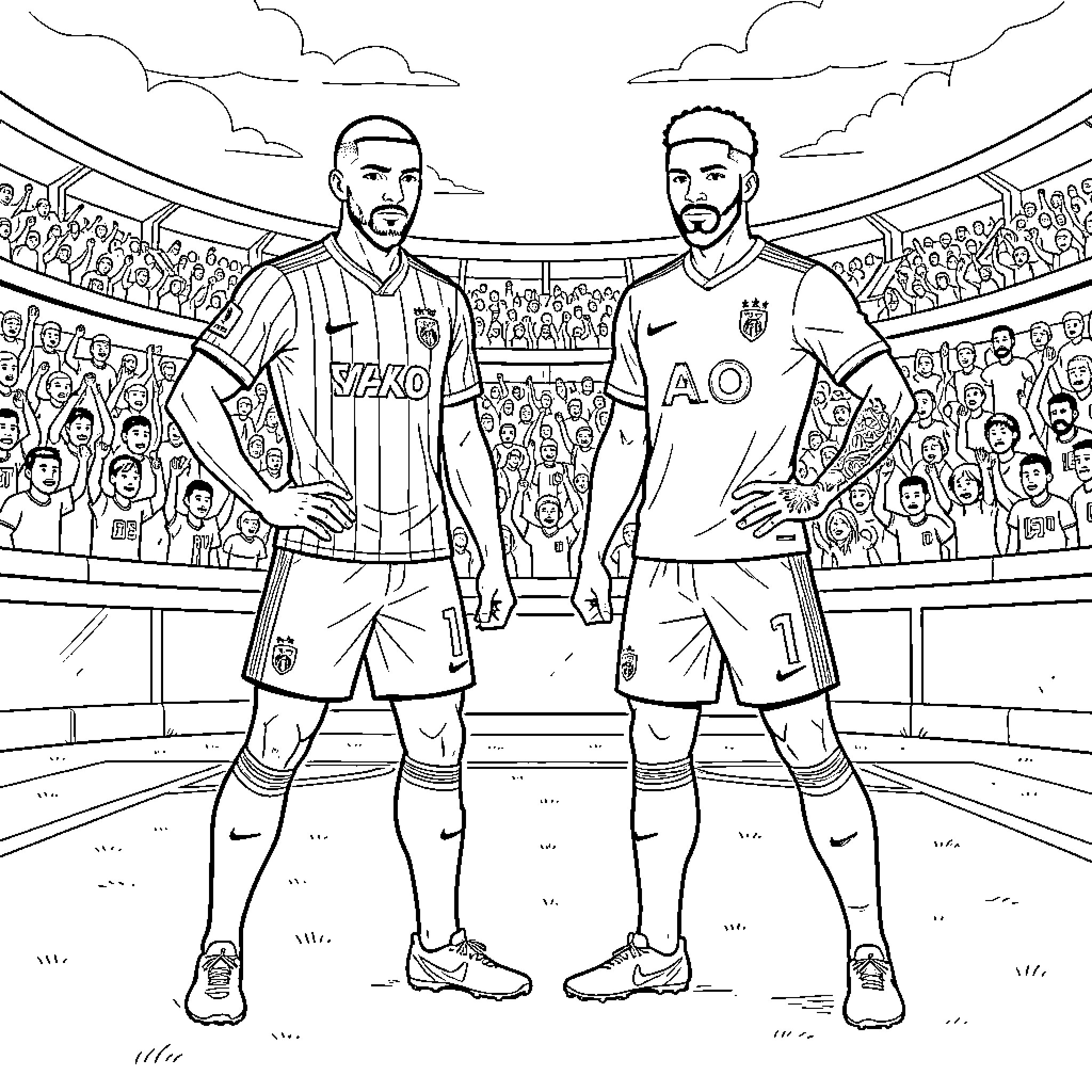 Sangoku football players posing confidently in a stadium Coloring Page (free black-and-white line drawing printable PDF for all, from beginners to advanced learners, including children, teens, adults, and seniors)