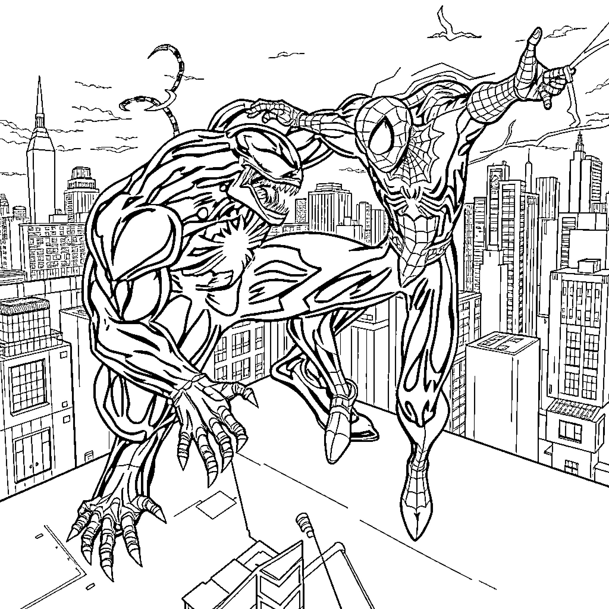 Venom stalking through the city skyline Coloring Page (free black-and-white line drawing printable PDF for all, from beginners to advanced learners, including children, teens, adults, and seniors)