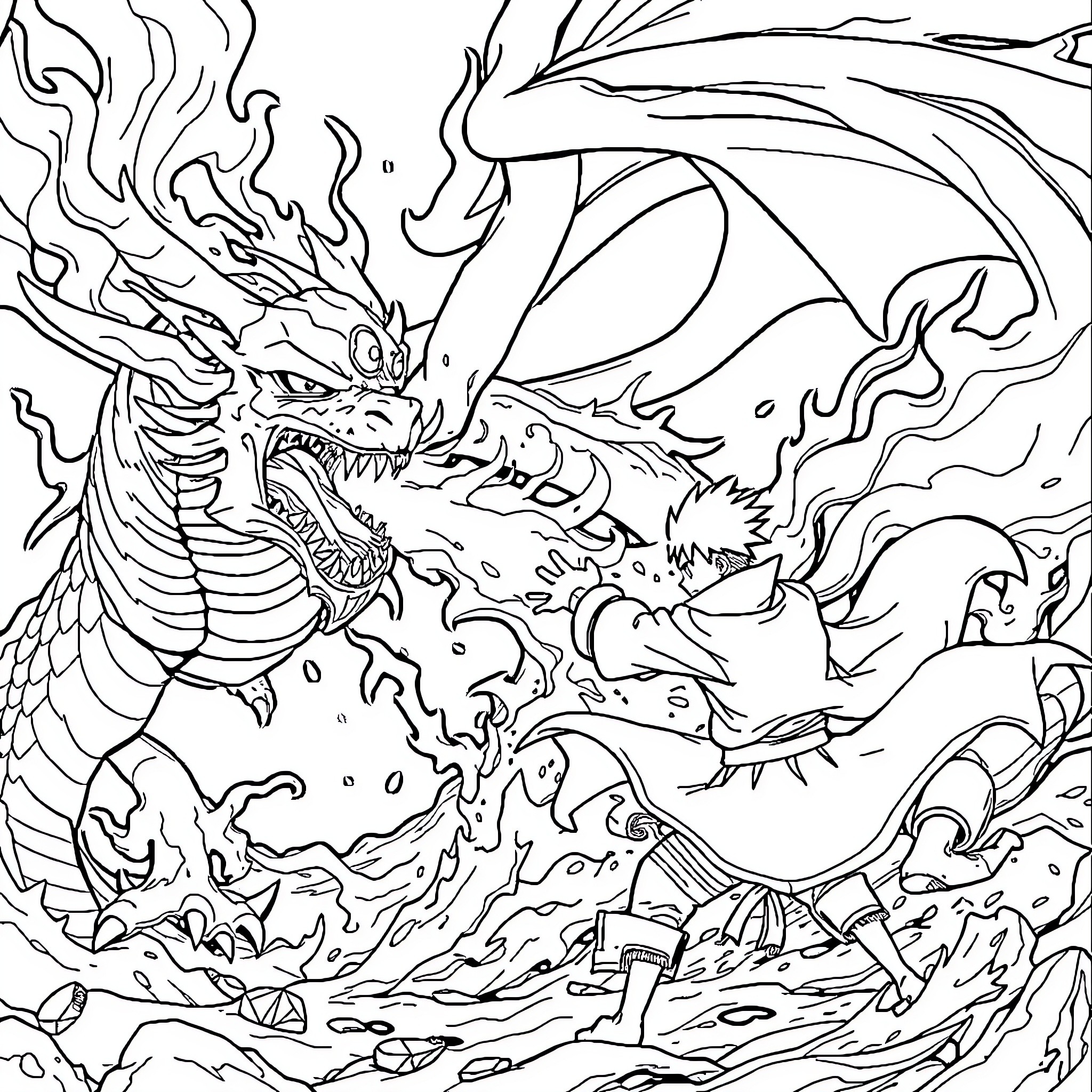 Dragon fiercely battling against a courageous warrior Coloring Page (free black-and-white line drawing printable PDF for all, from beginners to advanced learners, including children, teens, adults, and seniors)